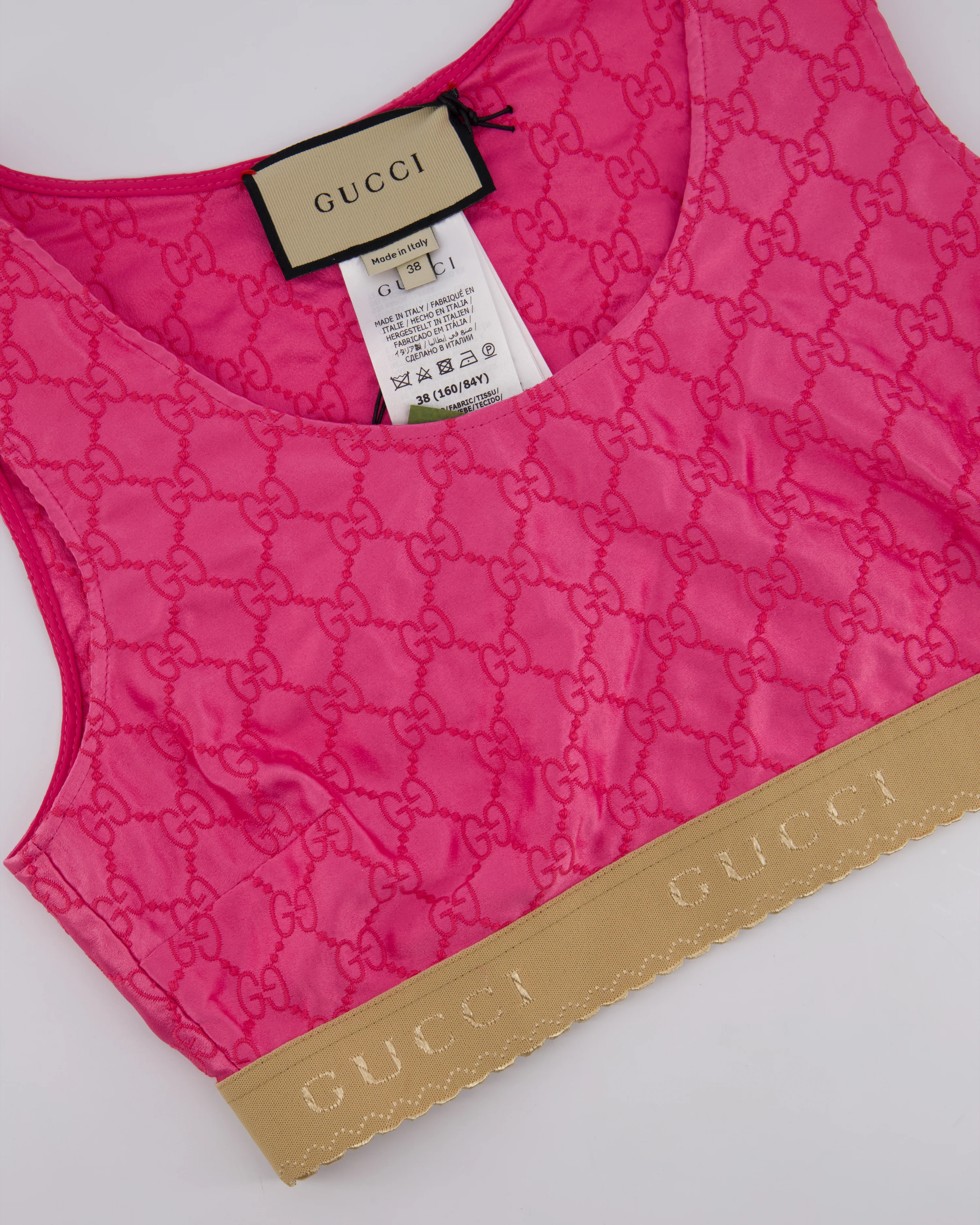 Gucci Pink Silk Monogram Top Shorts Set with Beige Logo Elasticated Detail Size IT 38 (UK 6) - Image 6