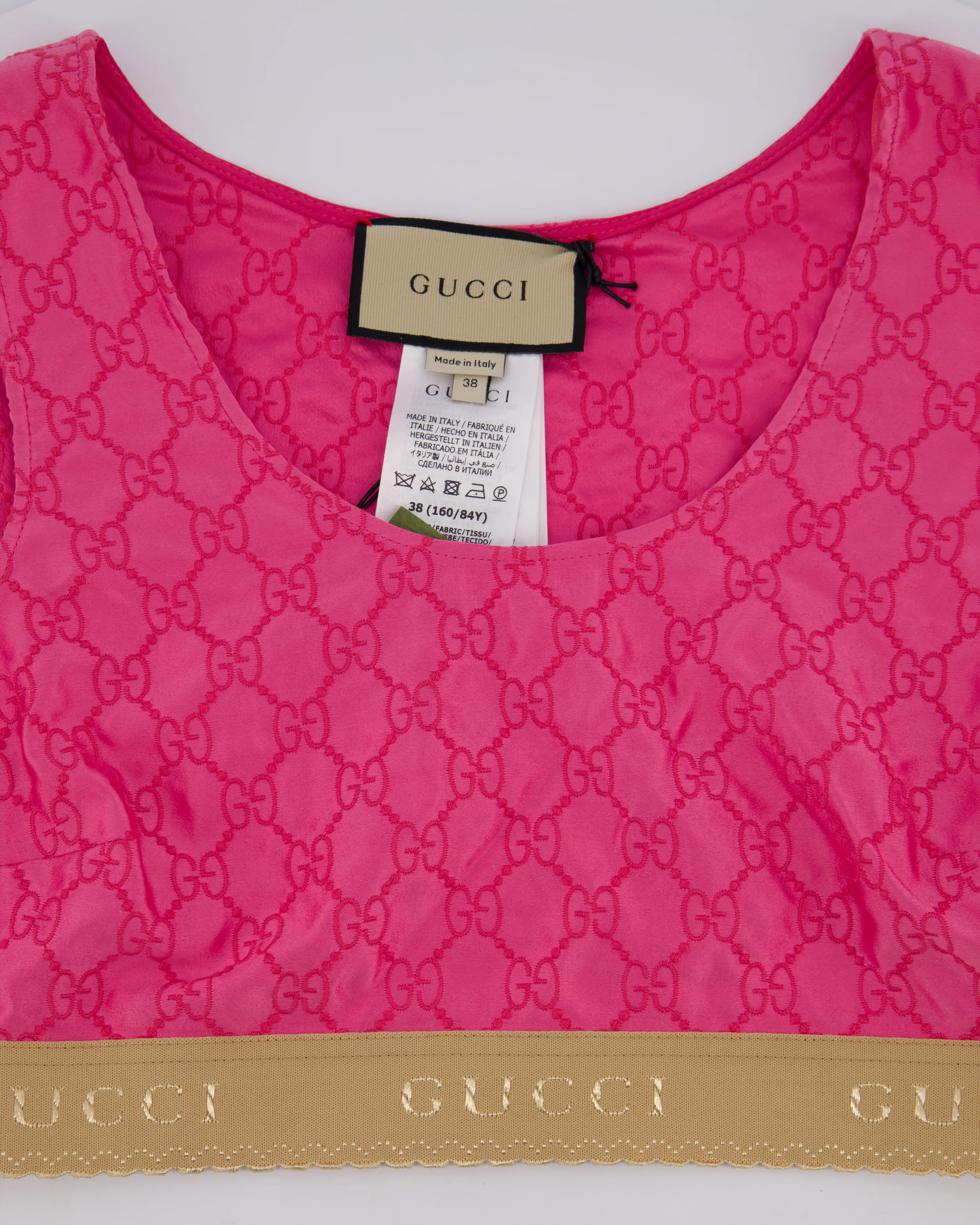 Gucci Pink Silk Monogram Top Shorts Set with Beige Logo Elasticated Detail Size IT 38 (UK 6) - Image 8