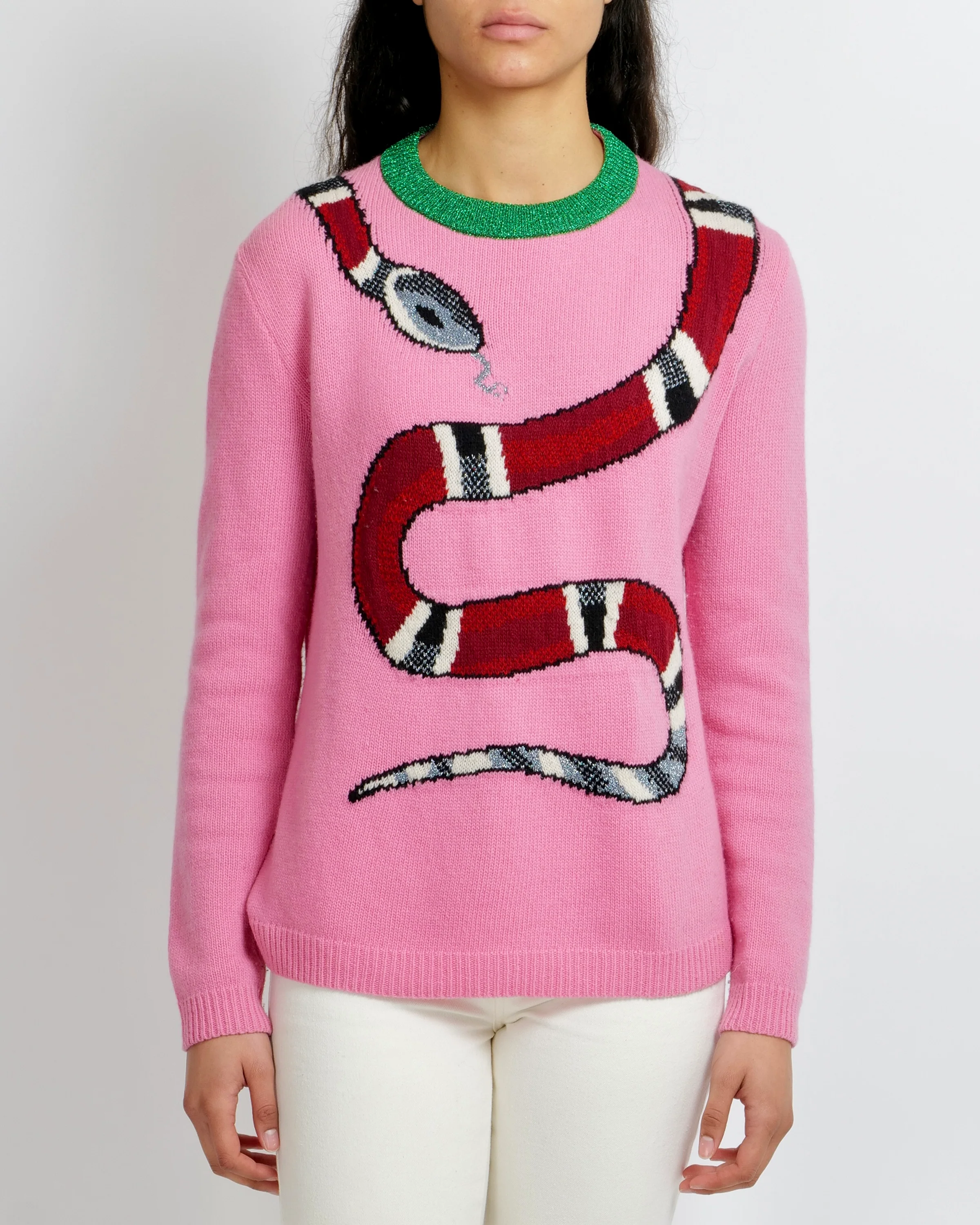 Gucci Pink Wool Jumper with Red Collar and Red Snake Detailing Size S (UK 8)