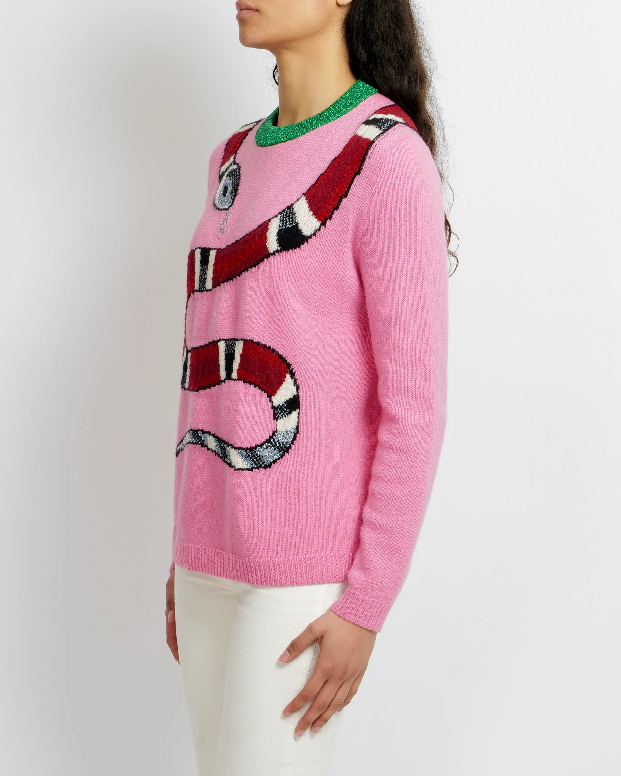 Gucci Pink Wool Jumper with Red Collar and Red Snake Detailing Size S (UK 8) - Image 3