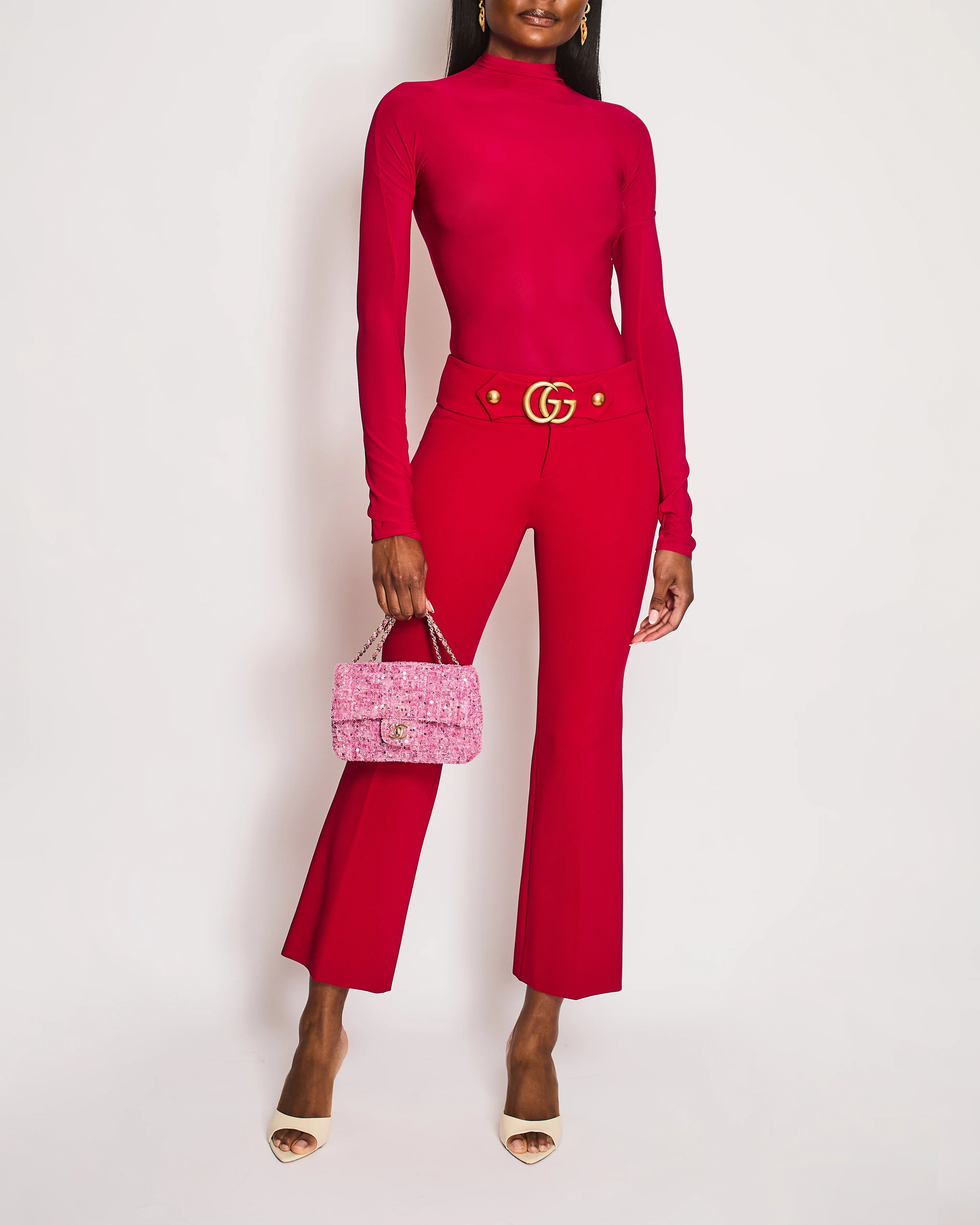 Gucci Red Marmont Flared Low Rise Trousers with Logo Buckle IT 36 (UK 4)