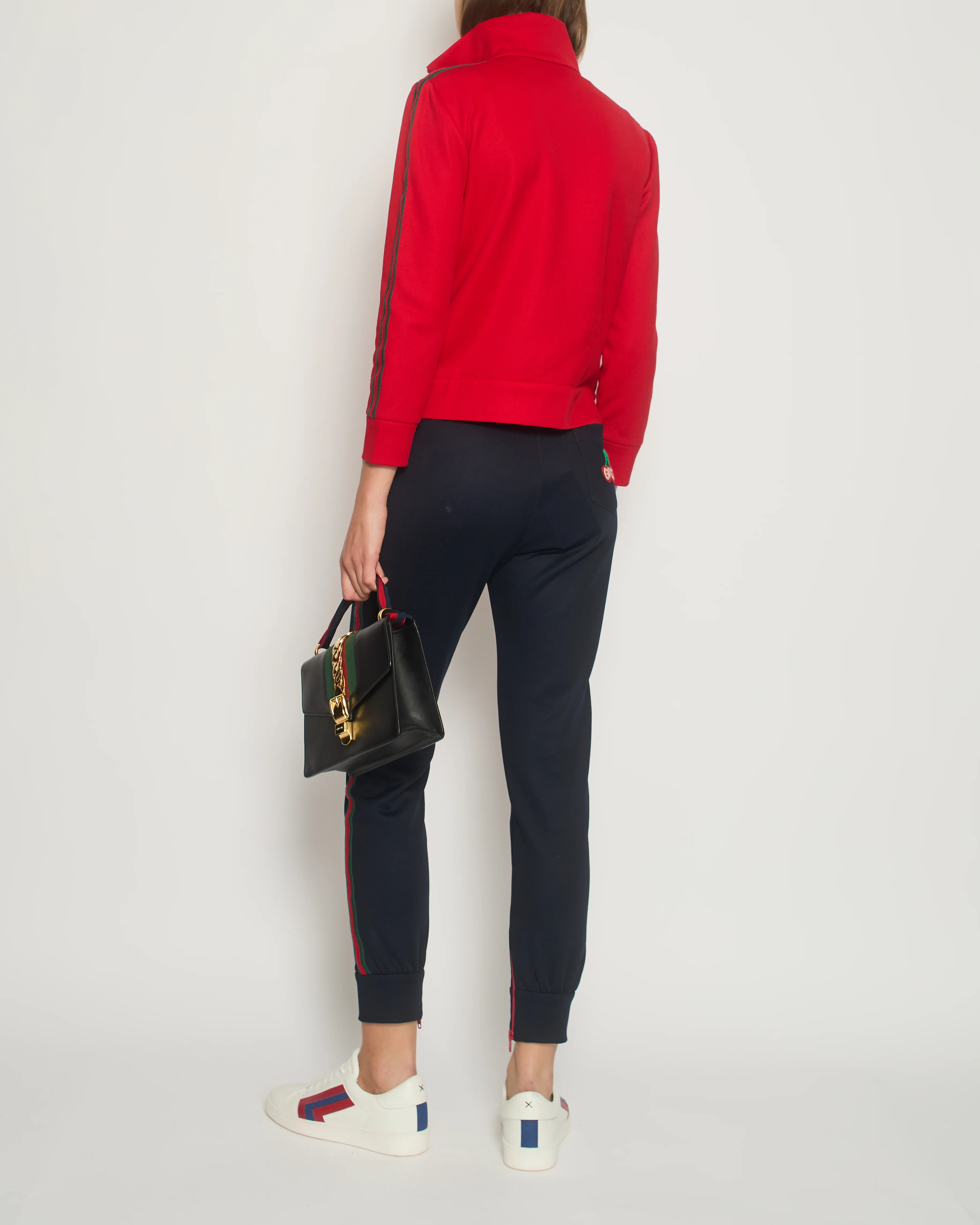 Gucci Red & Navy Blue Tracksuit with Side Stripe Trim and Cherry Embroidered Logo Detail Size XS (UK 6) - Image 4