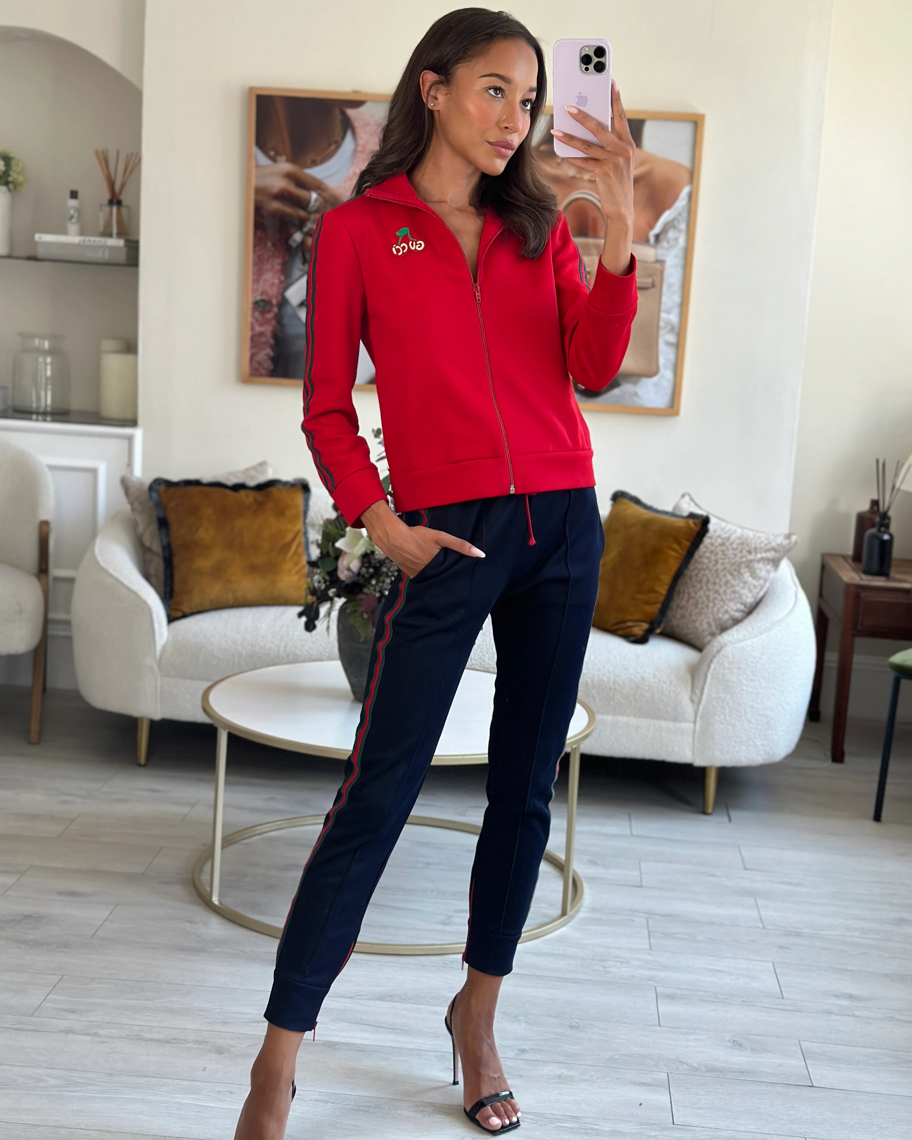 Gucci Red & Navy Blue Tracksuit with Side Stripe Trim and Cherry Embroidered Logo Detail Size XS (UK 6) - Image 8