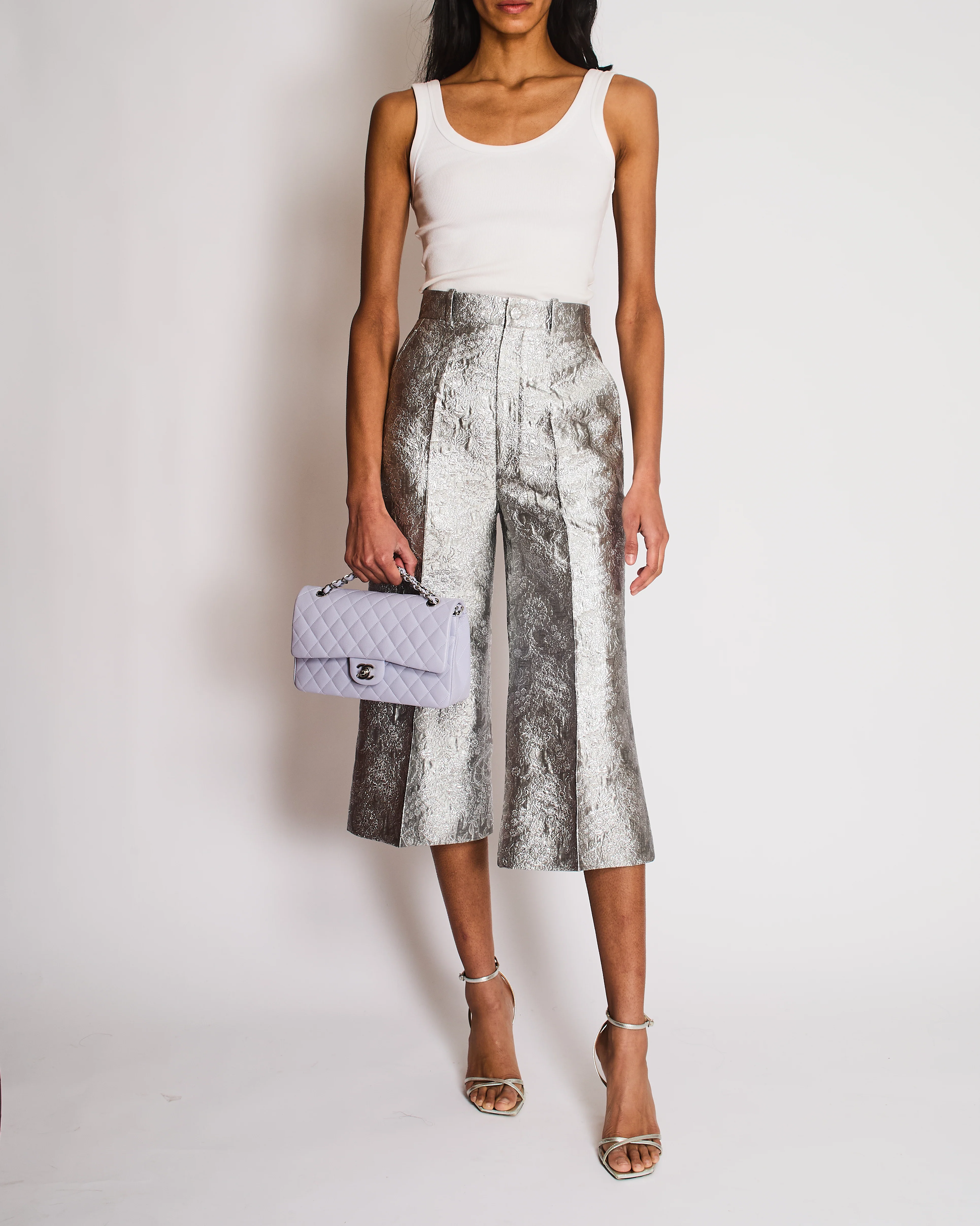 Gucci Silver Brocade Flared Bermuda Trousers Size IT 36 (UK 4)