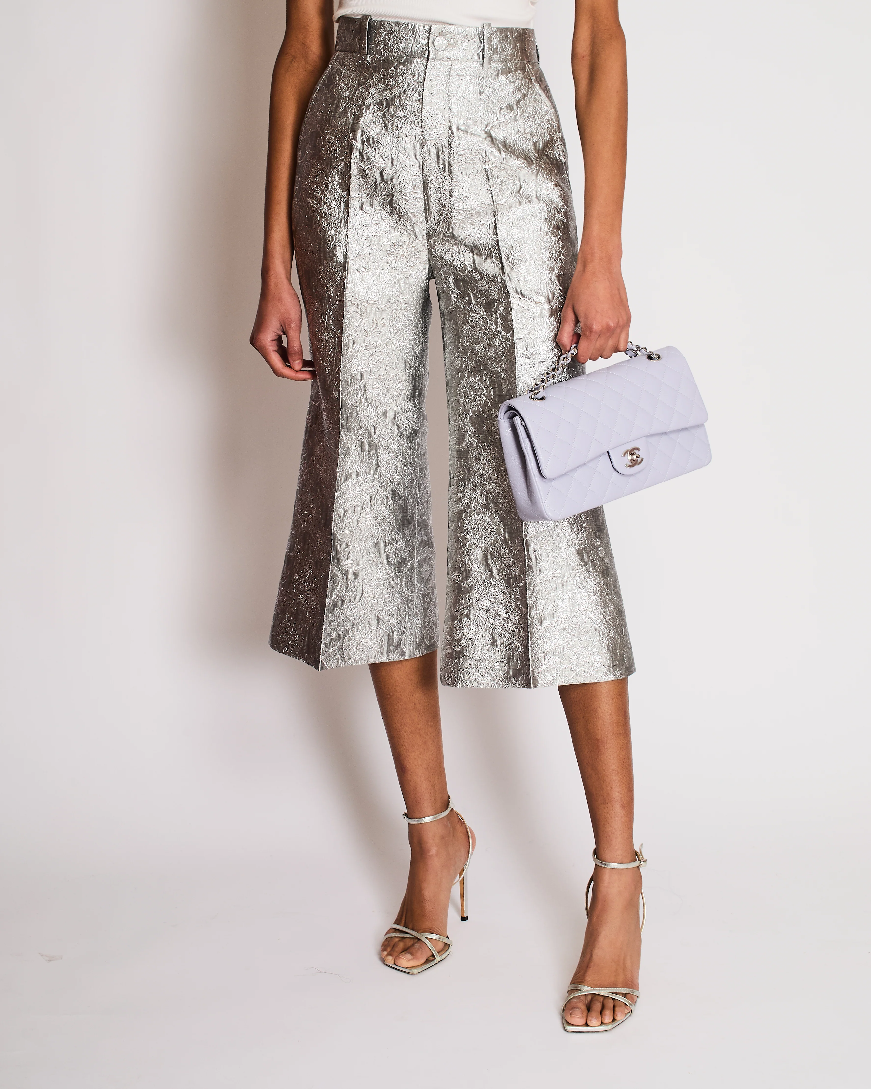 Gucci Silver Brocade Flared Bermuda Trousers Size IT 36 (UK 4) - Image 2