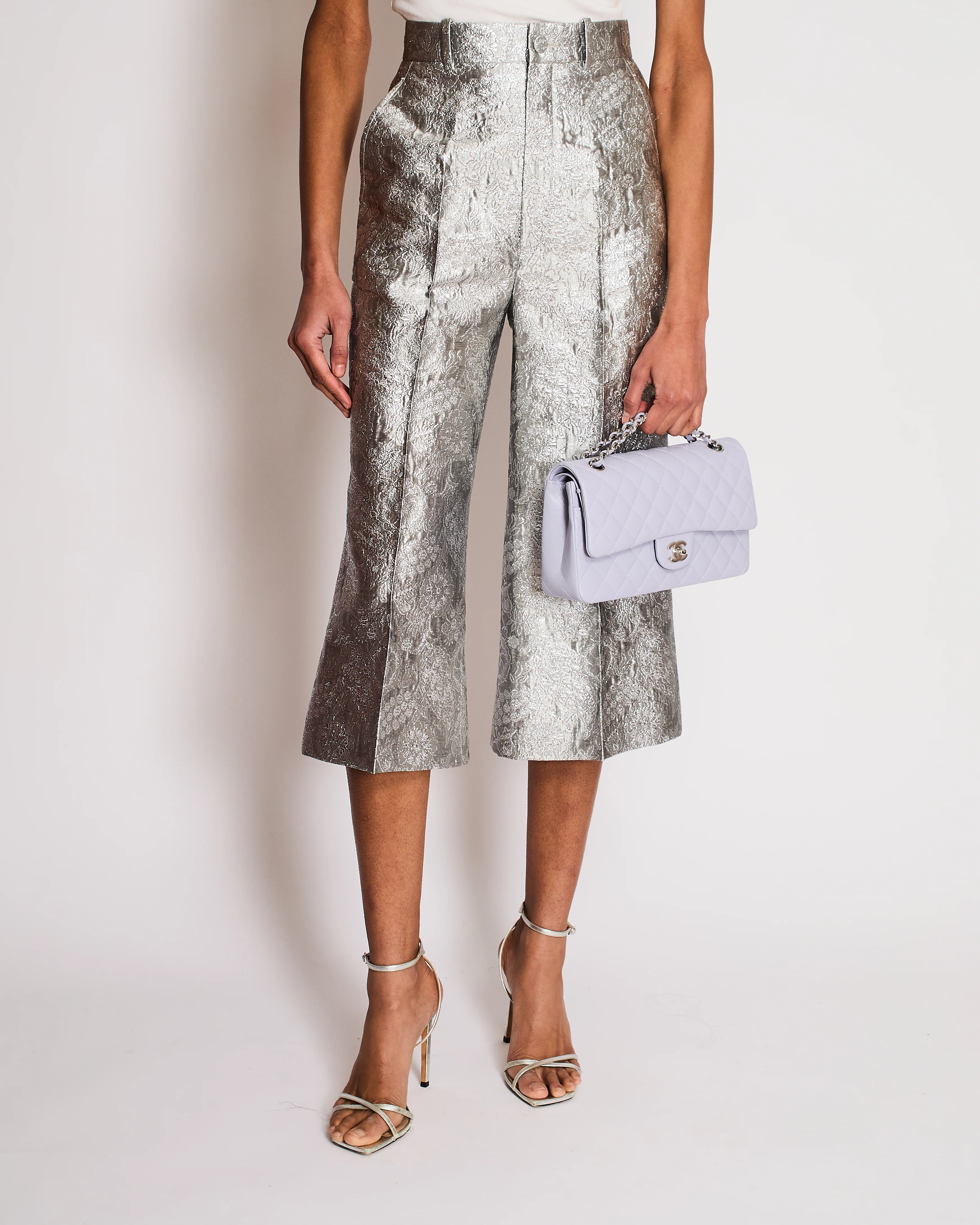 Gucci Silver Brocade Flared Bermuda Trousers Size IT 36 (UK 4) - Image 3