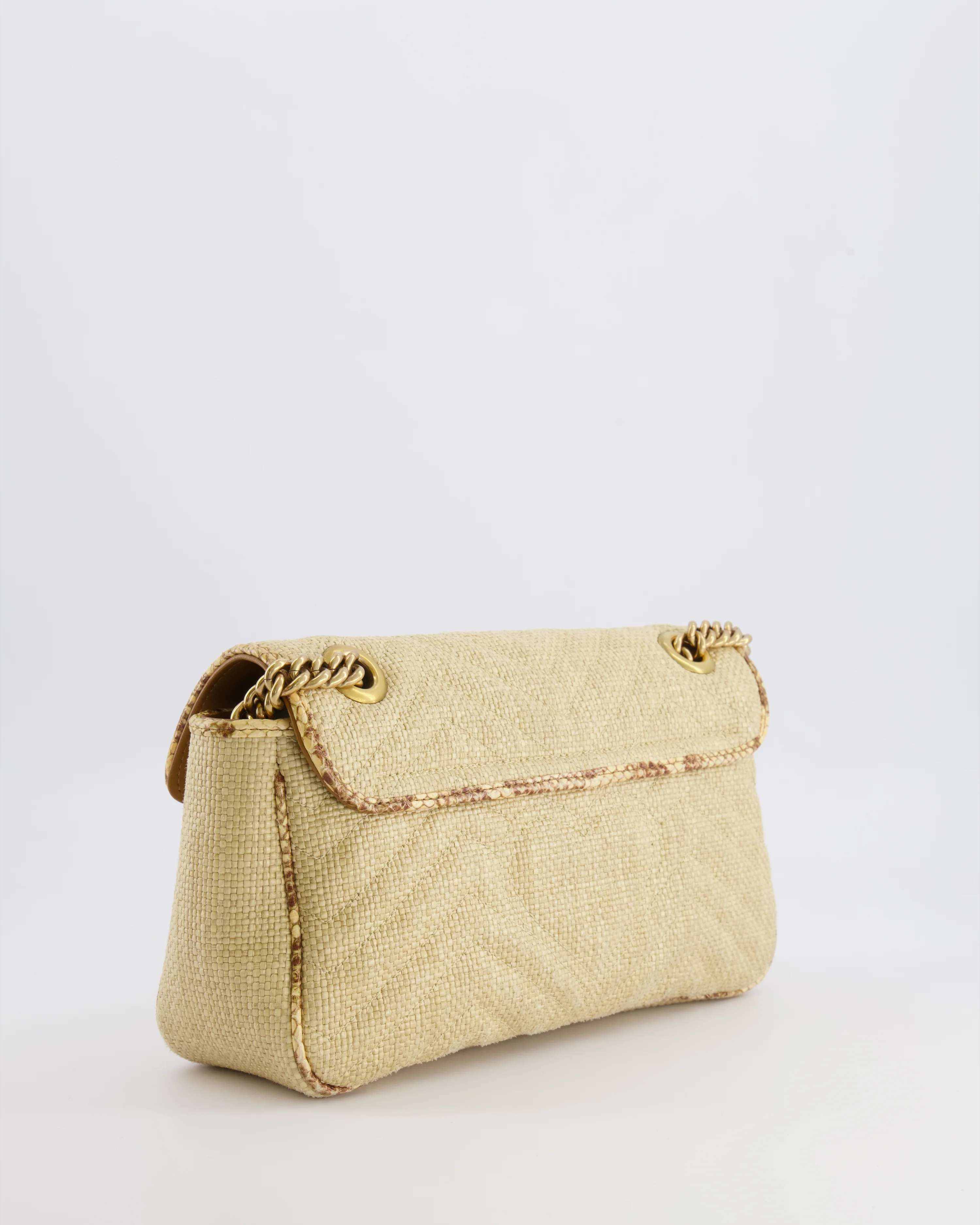 Gucci Small GG Marmont Shoulder Bag in Beige Raffia with Snakeskin Trims and Antique Gold Hardware - Image 10