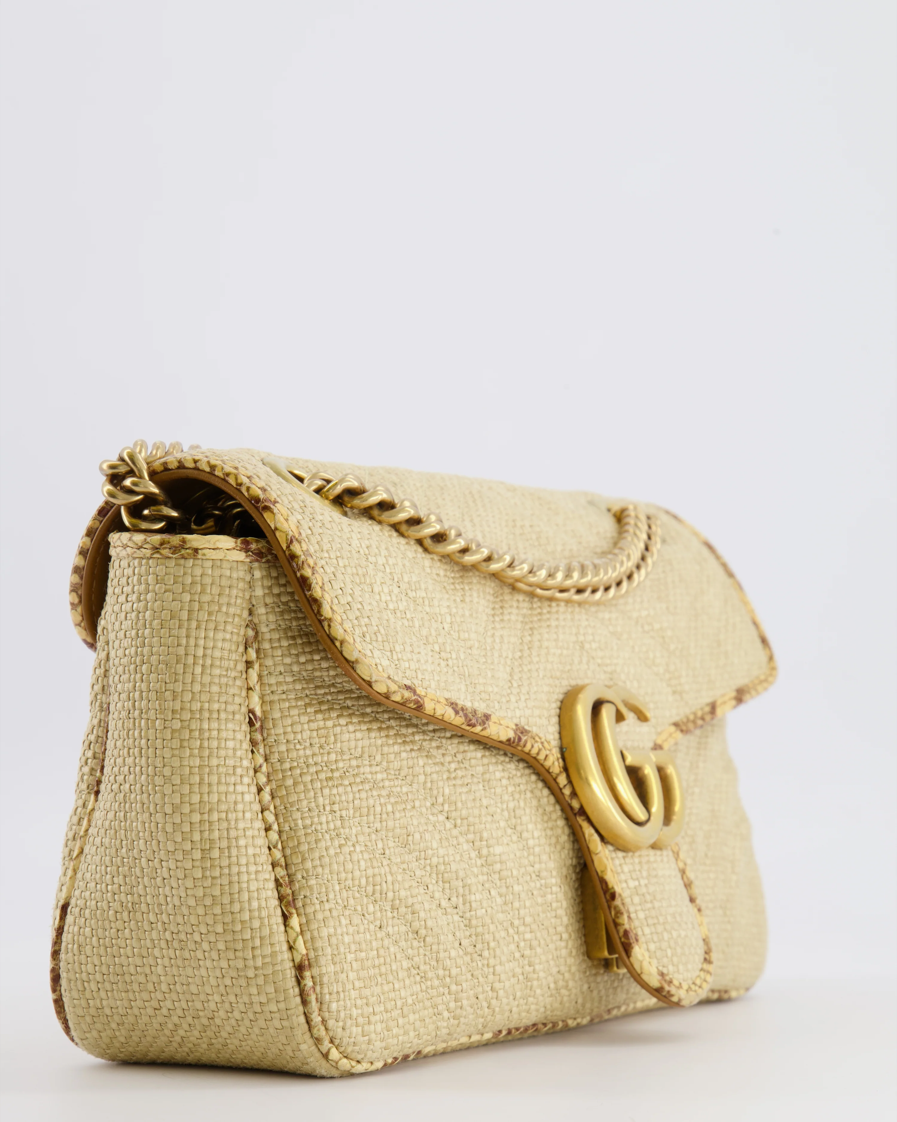 Gucci Small GG Marmont Shoulder Bag in Beige Raffia with Snakeskin Trims and Antique Gold Hardware - Image 13