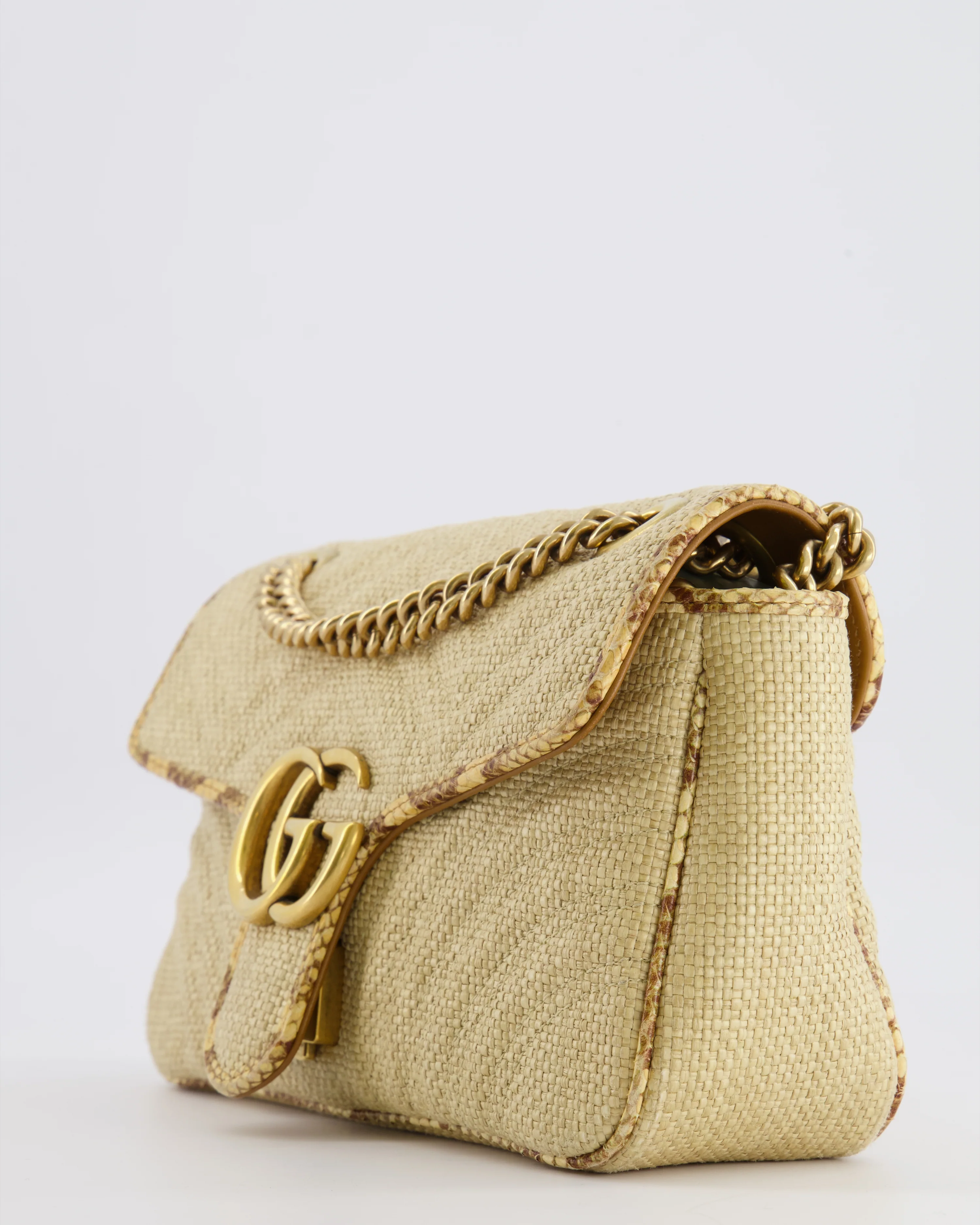 Gucci Small GG Marmont Shoulder Bag in Beige Raffia with Snakeskin Trims and Antique Gold Hardware - Image 14