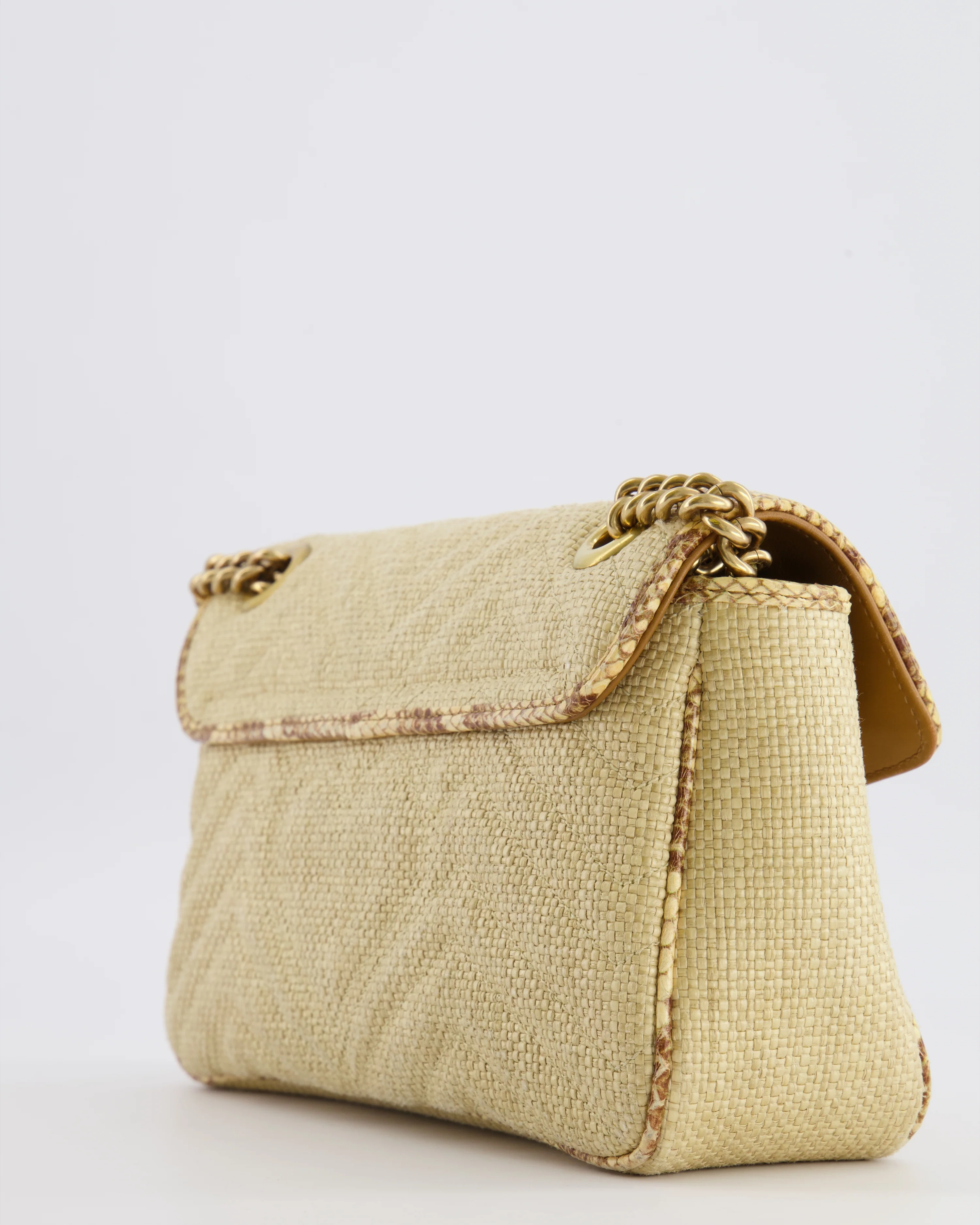 Gucci Small GG Marmont Shoulder Bag in Beige Raffia with Snakeskin Trims and Antique Gold Hardware - Image 15
