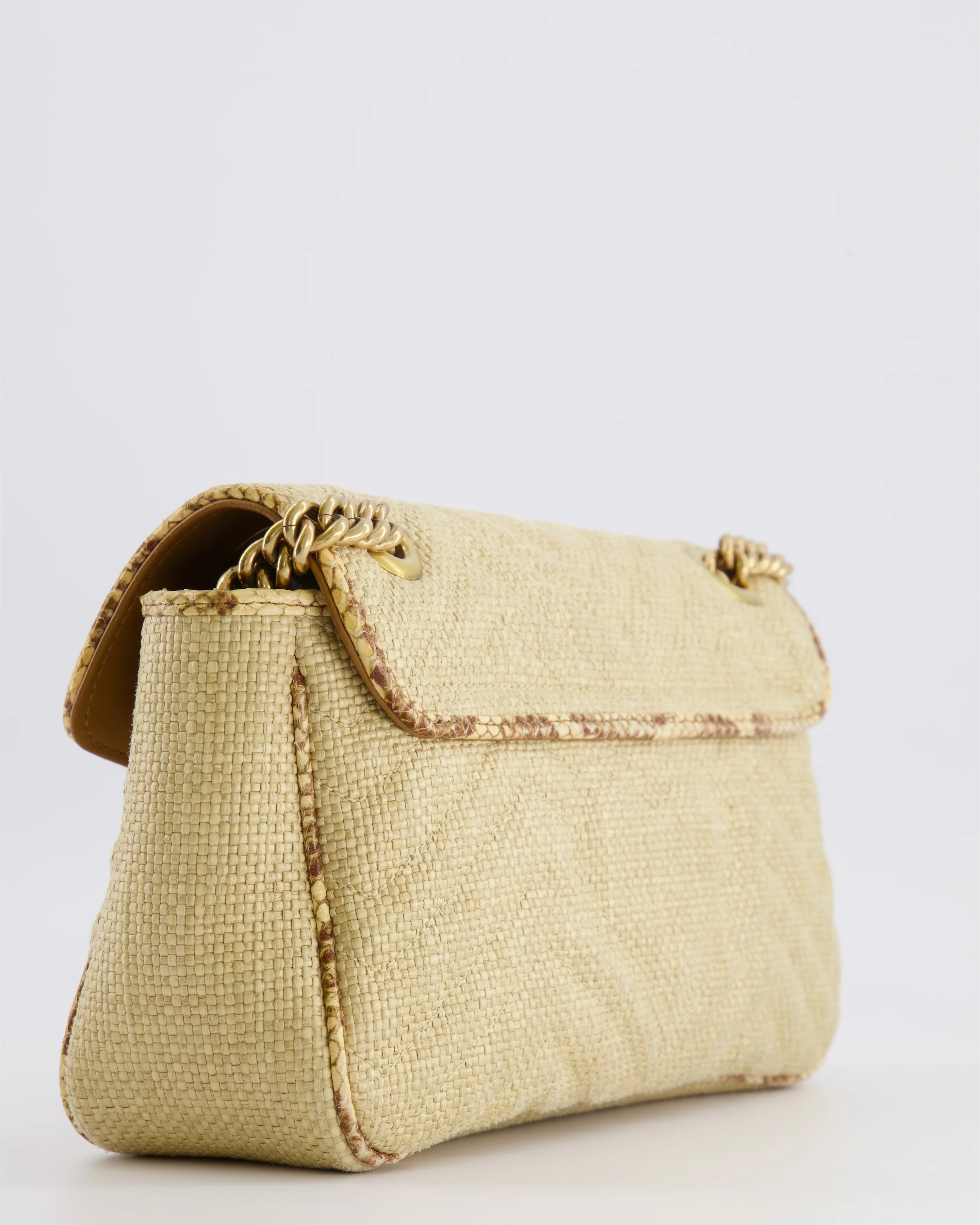 Gucci Small GG Marmont Shoulder Bag in Beige Raffia with Snakeskin Trims and Antique Gold Hardware - Image 16