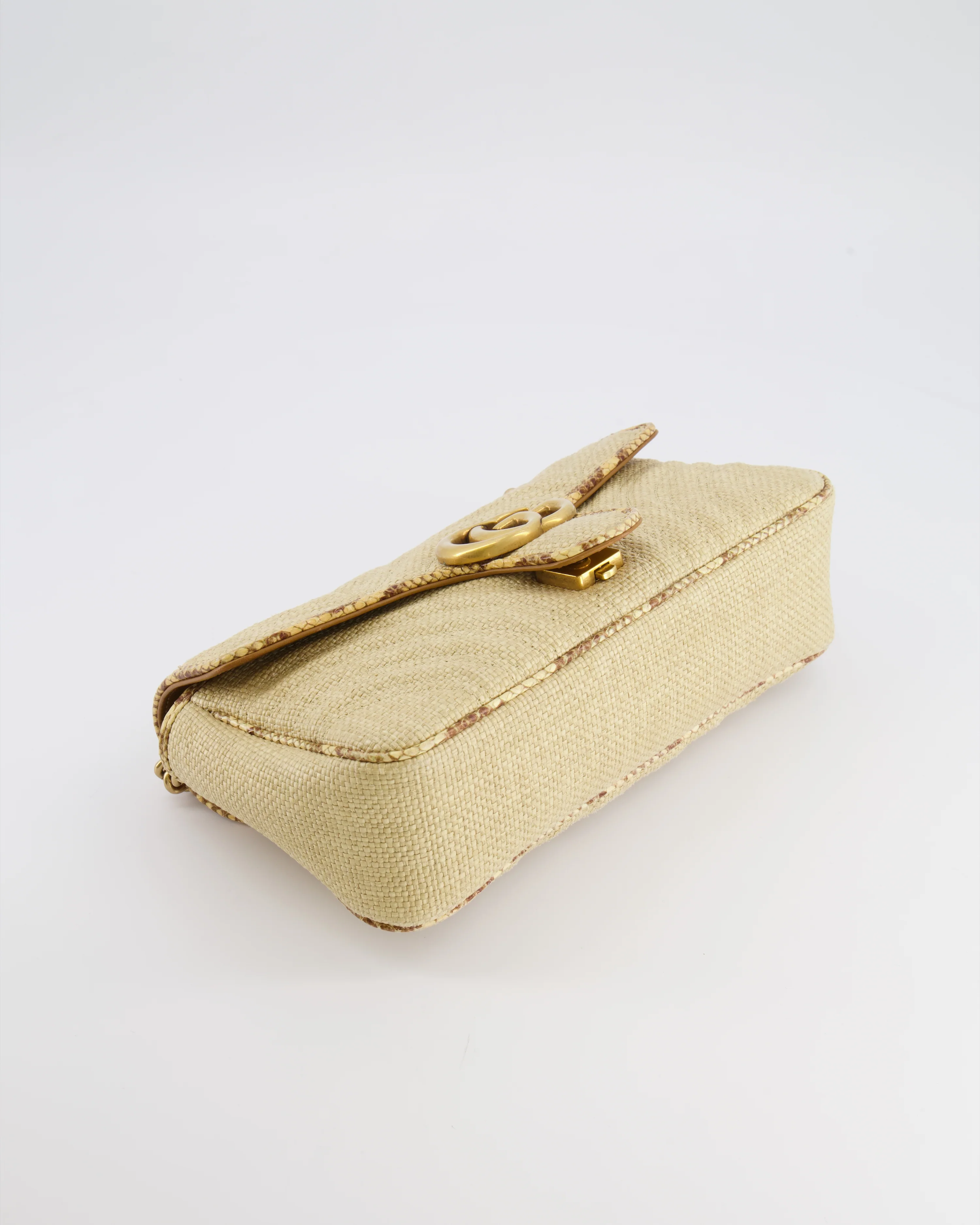 Gucci Small GG Marmont Shoulder Bag in Beige Raffia with Snakeskin Trims and Antique Gold Hardware - Image 19