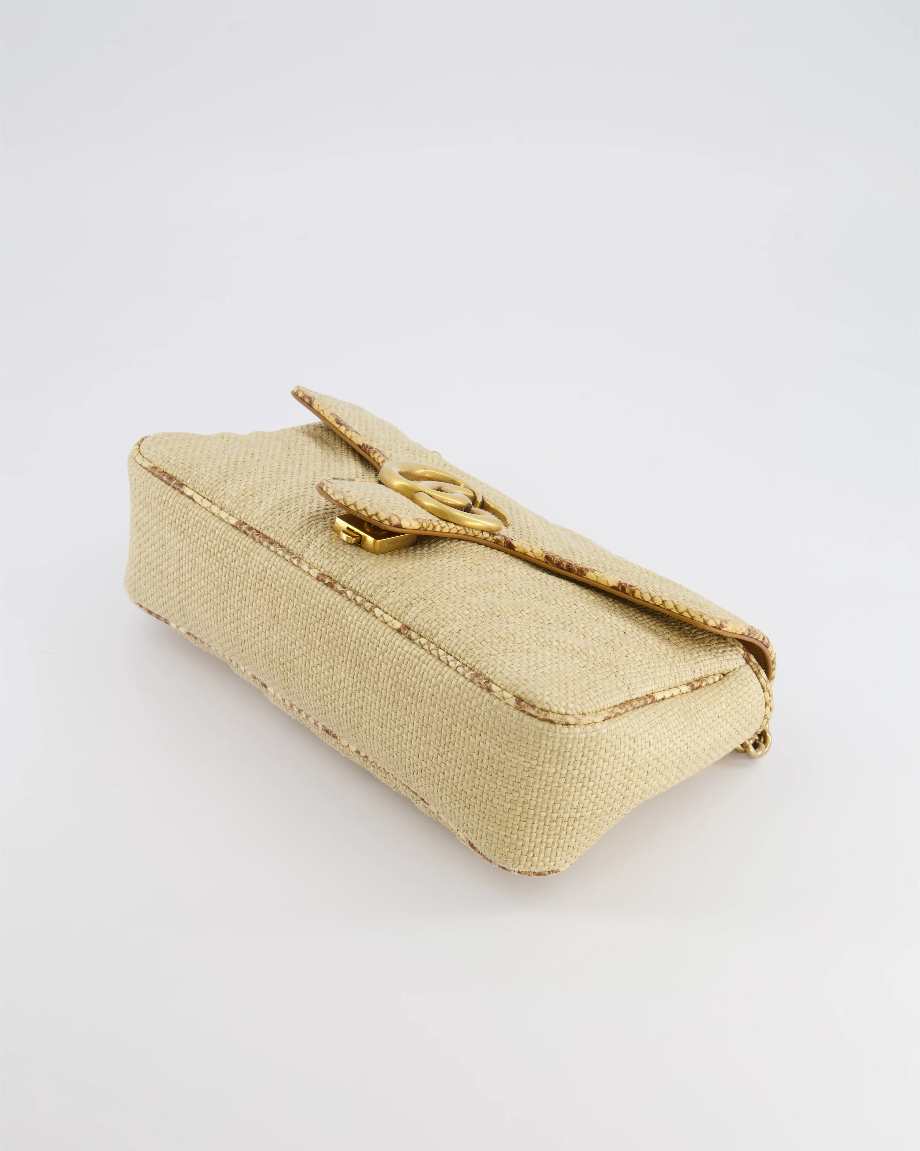 Gucci Small GG Marmont Shoulder Bag in Beige Raffia with Snakeskin Trims and Antique Gold Hardware - Image 20