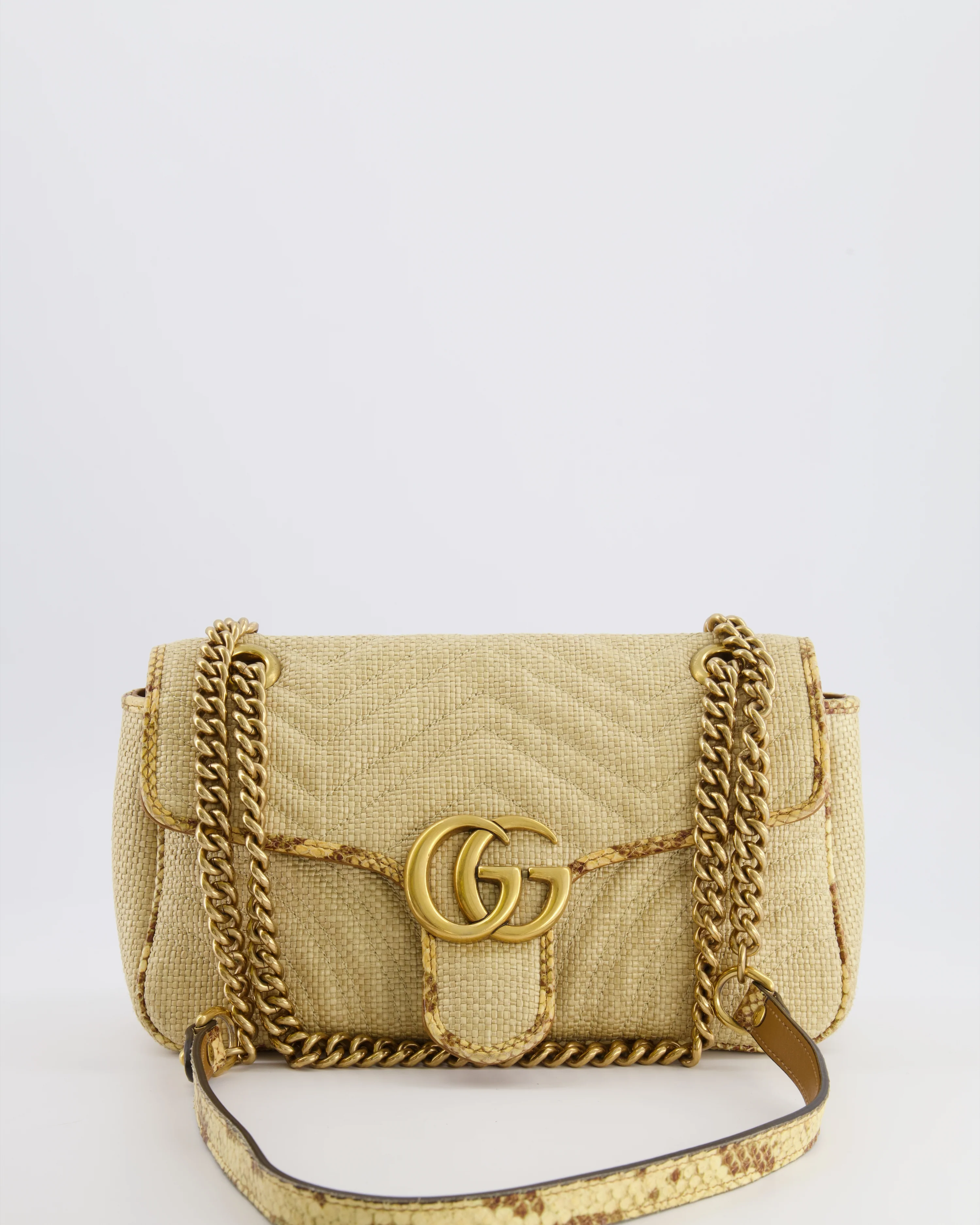 Gucci Small GG Marmont Shoulder Bag in Beige Raffia with Snakeskin Trims and Antique Gold Hardware - Image 3