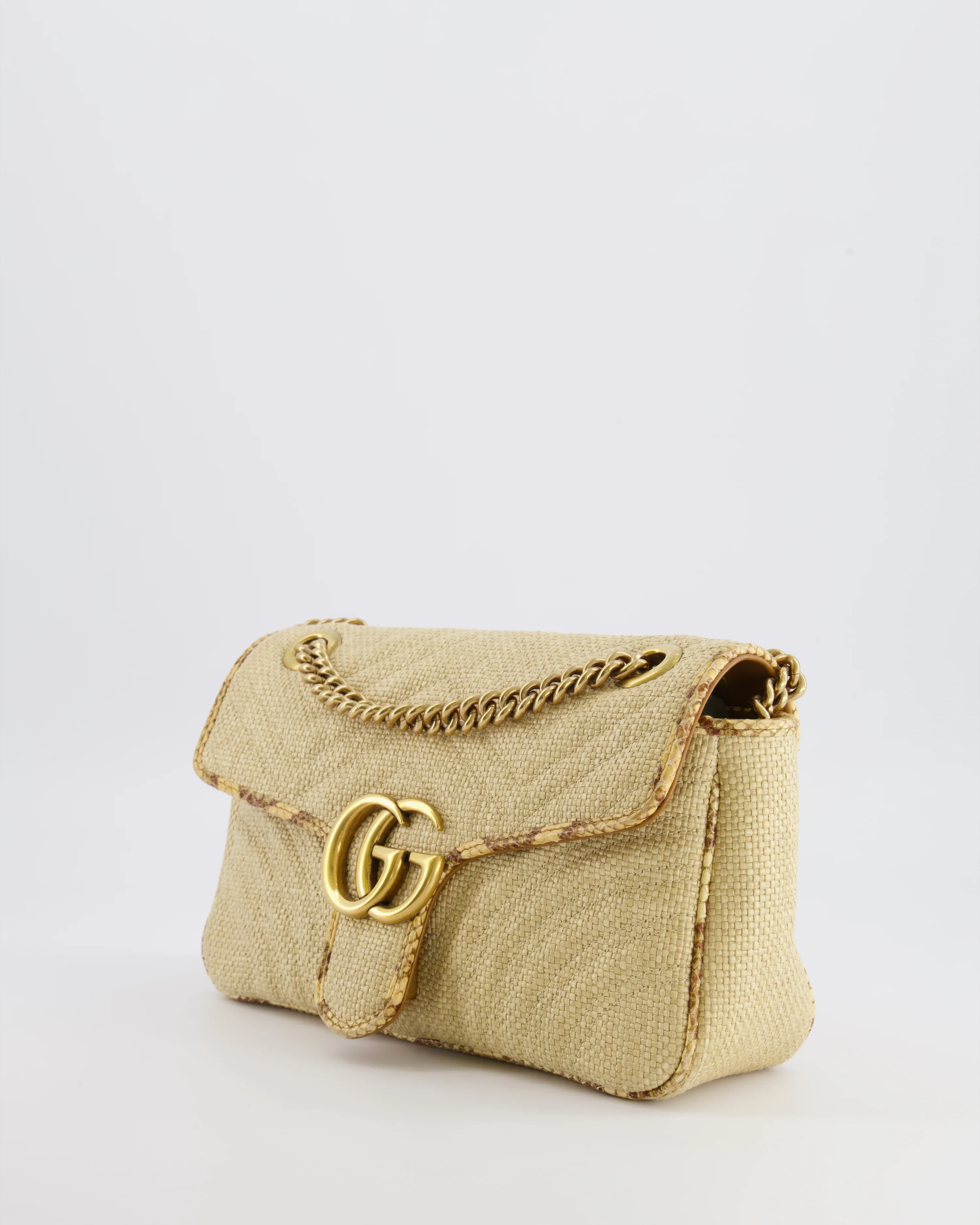 Gucci Small GG Marmont Shoulder Bag in Beige Raffia with Snakeskin Trims and Antique Gold Hardware - Image 6