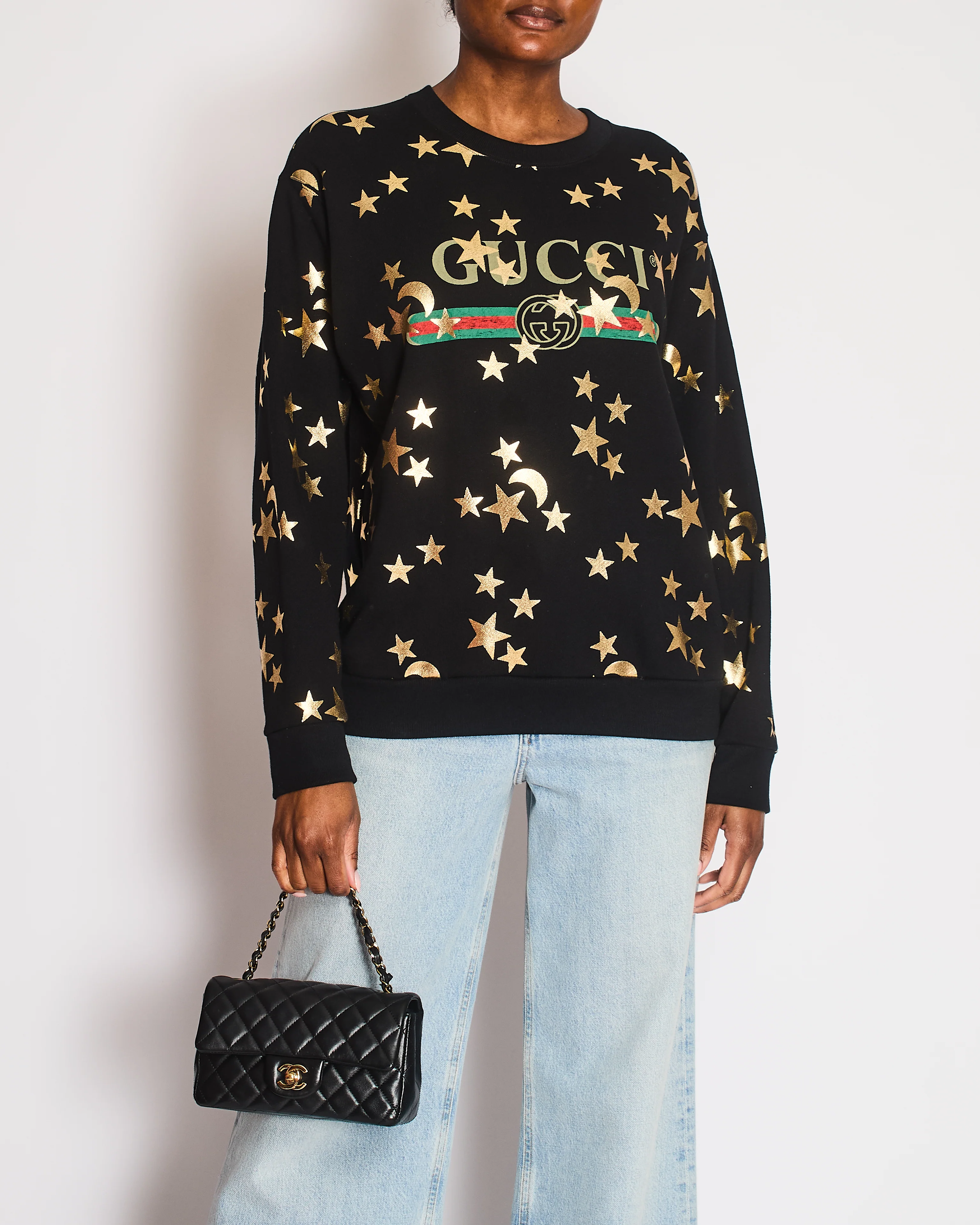 Gucci Black Sweatshirt with Gold Star Print GG Logo Size S (UK 8)