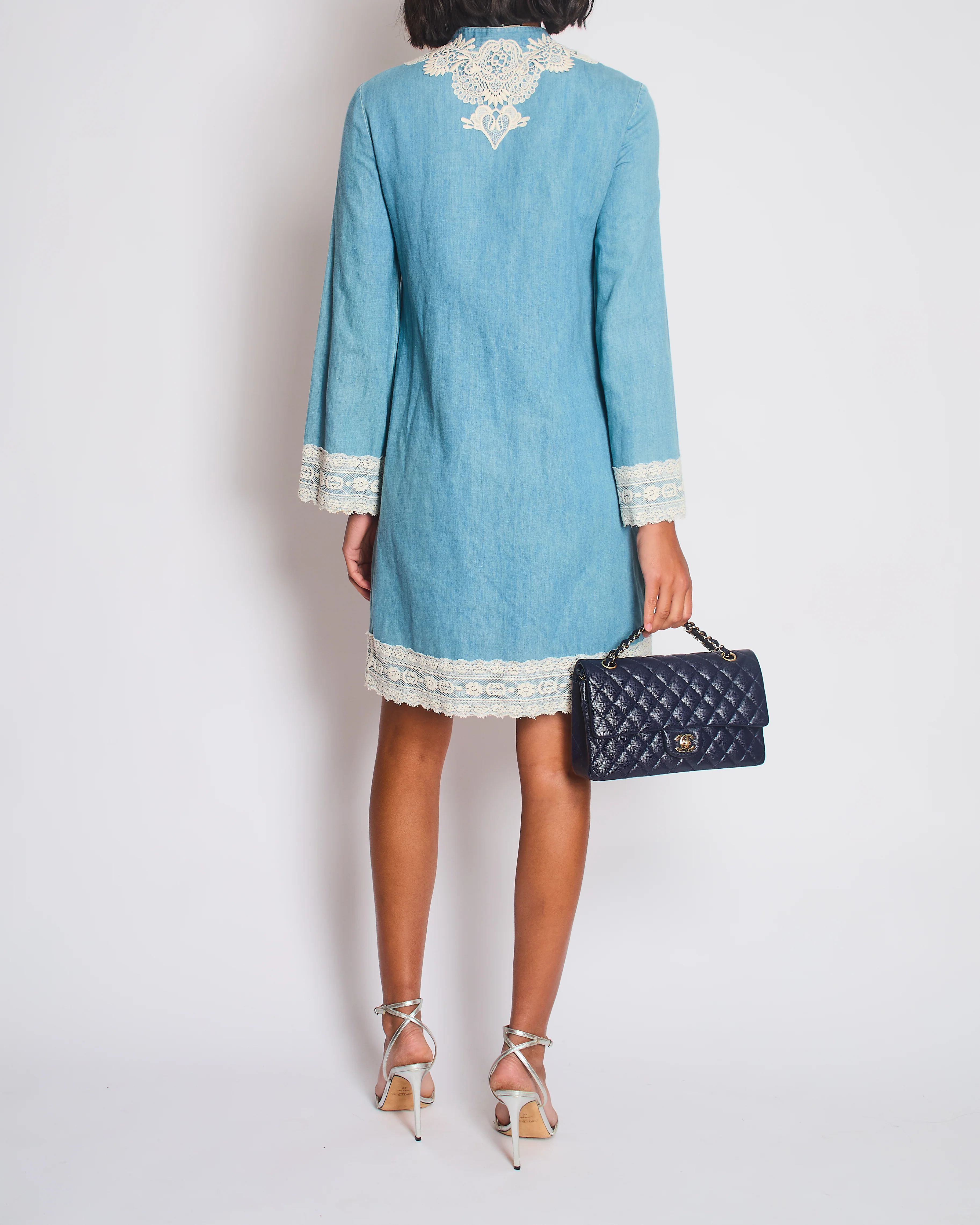 Gucci Stonewash Chambray Long Sleeve Tunic Dress with Lace-Trimmed Detail IT 38 (UK 6) - Image 5
