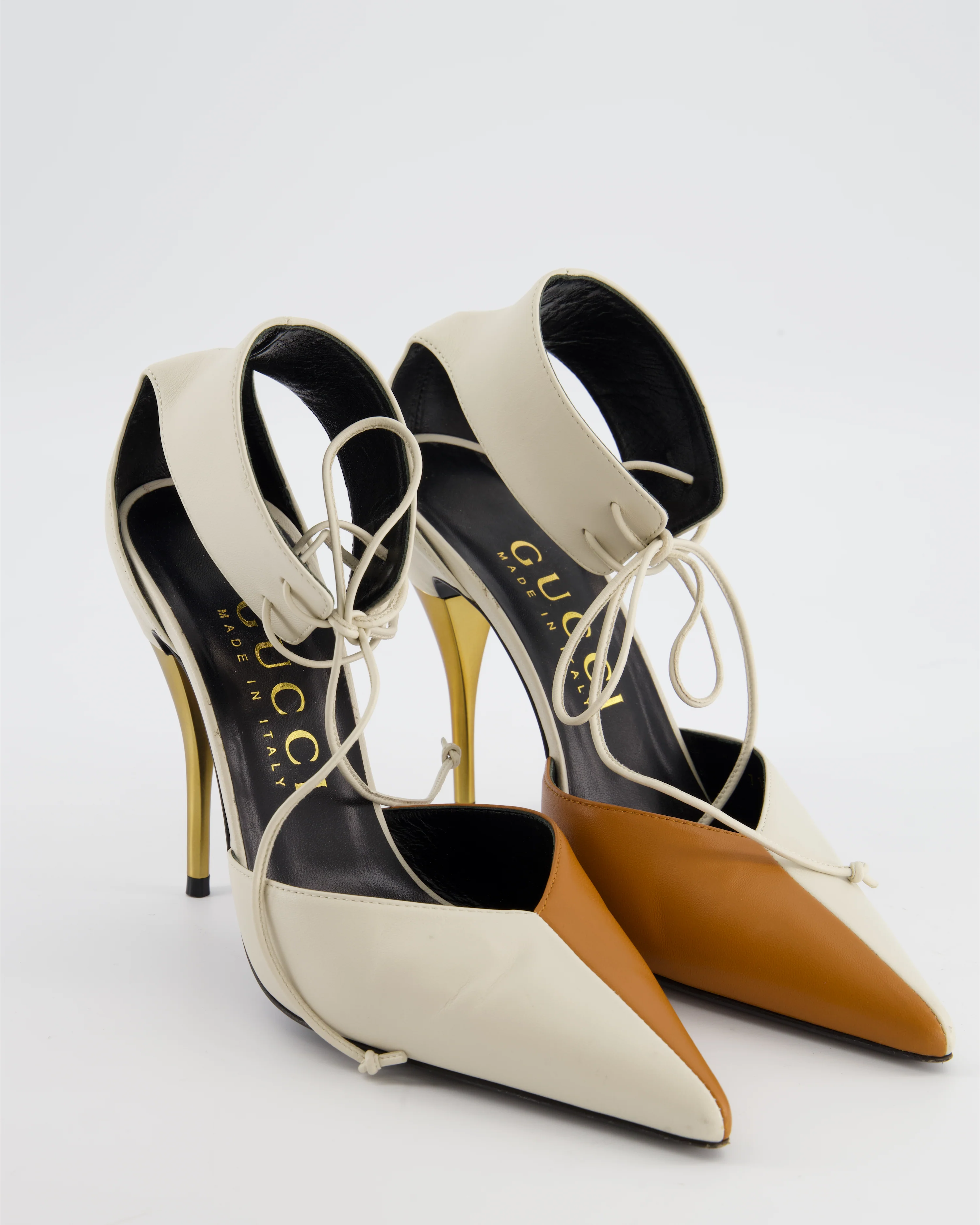 Gucci White and Brown Priscilla Charlotte Ankle Cuff Heel in Nappa Leather with Gold Heel Size EU 39.5 - Image 2