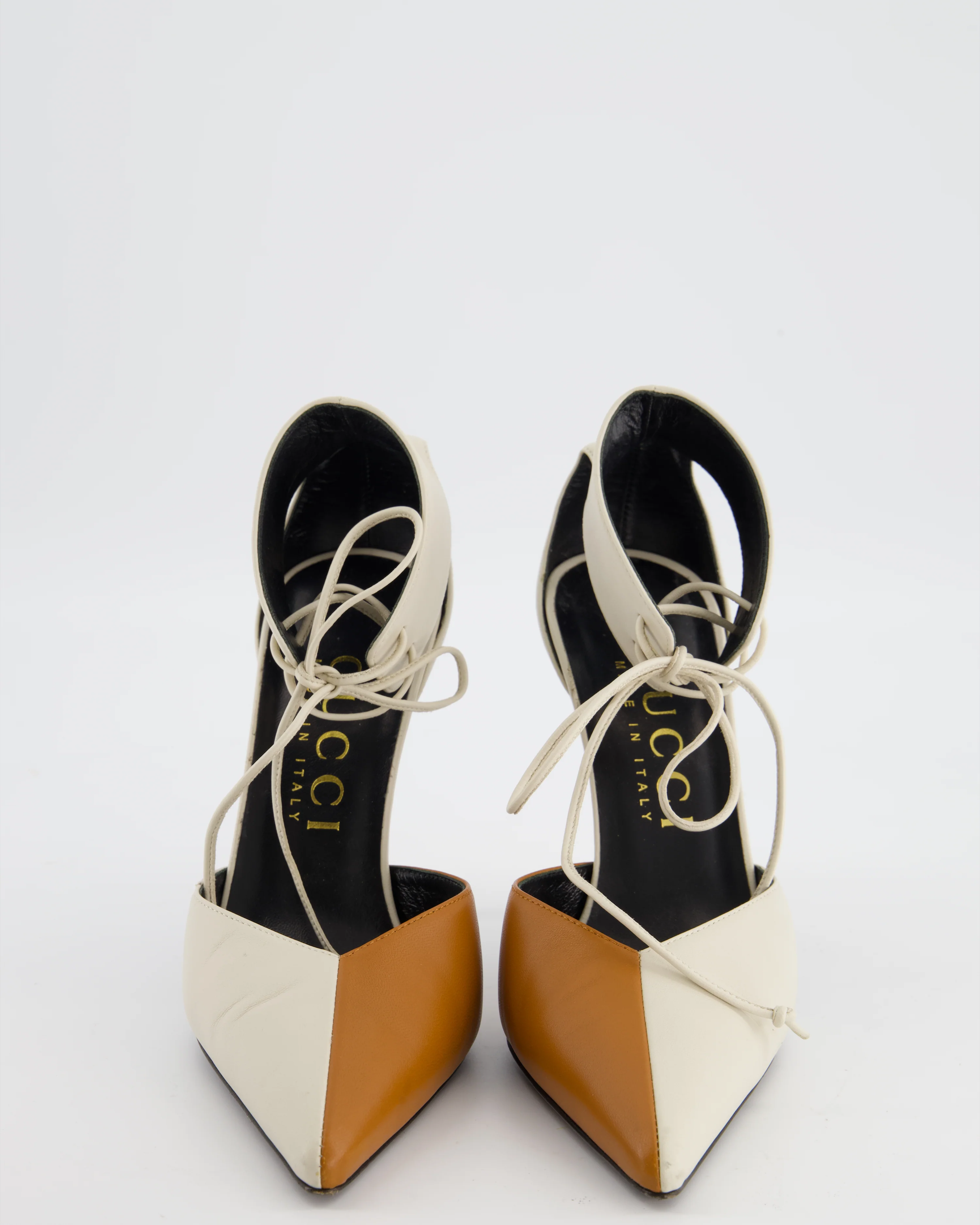 Gucci White and Brown Priscilla Charlotte Ankle Cuff Heel in Nappa Leather with Gold Heel Size EU 39.5 - Image 3