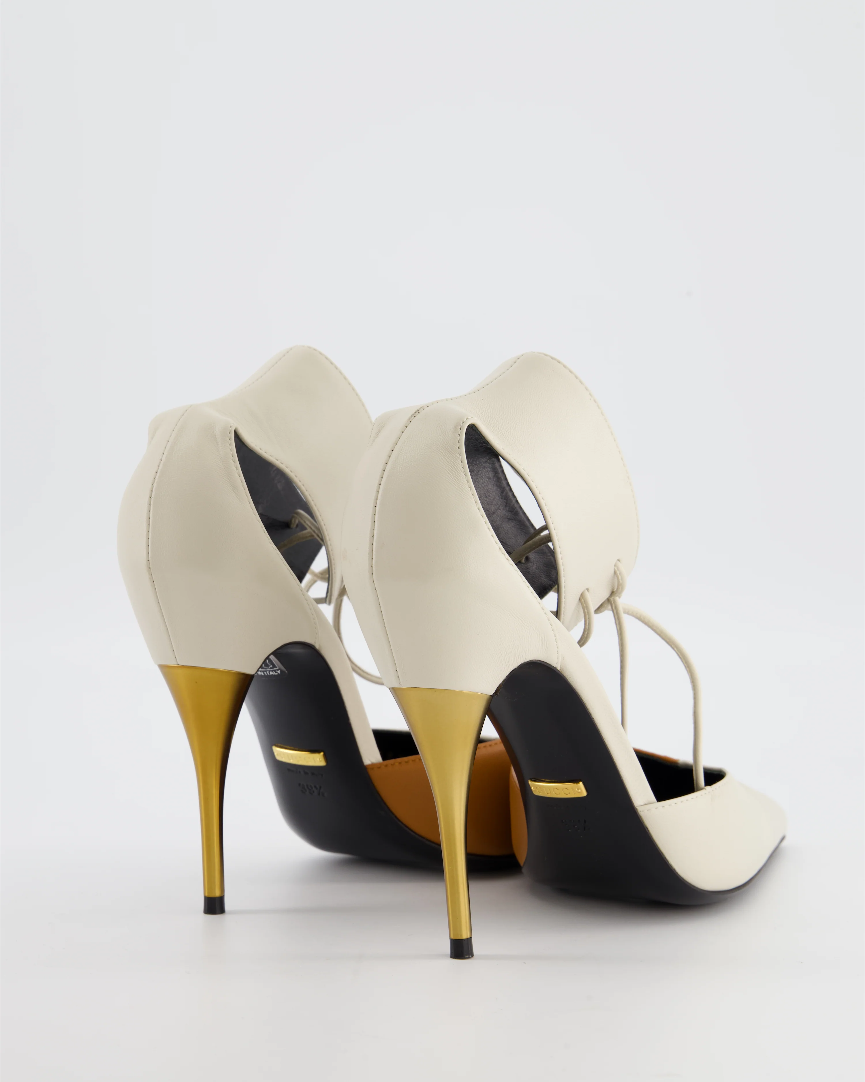 Gucci White and Brown Priscilla Charlotte Ankle Cuff Heel in Nappa Leather with Gold Heel Size EU 39.5 - Image 4