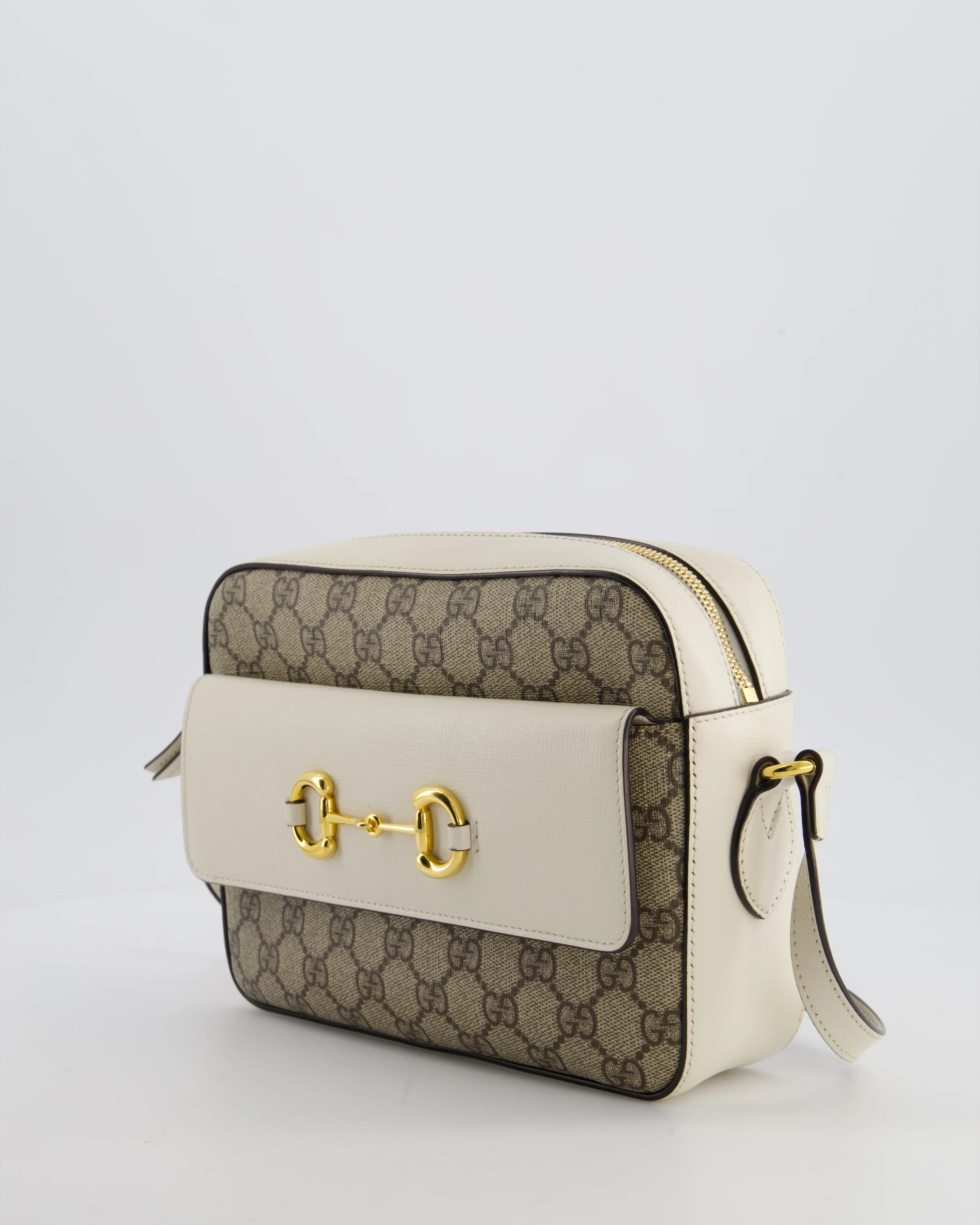 Gucci Cream and Monogram GG Supreme Horsebit Camera Small Crossbody Bag with Gold Hardware - Image 11