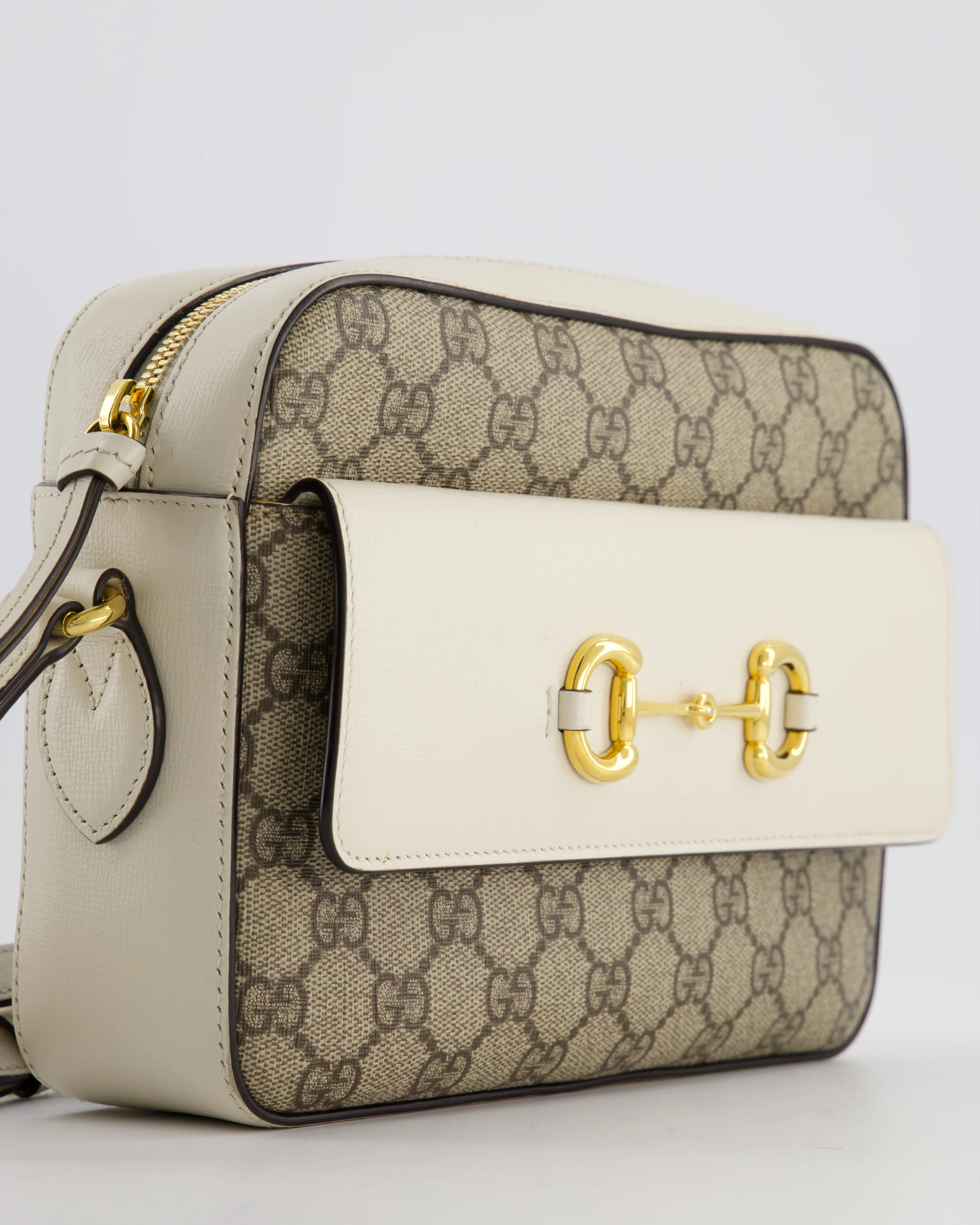 Gucci Cream and Monogram GG Supreme Horsebit Camera Small Crossbody Bag with Gold Hardware - Image 12