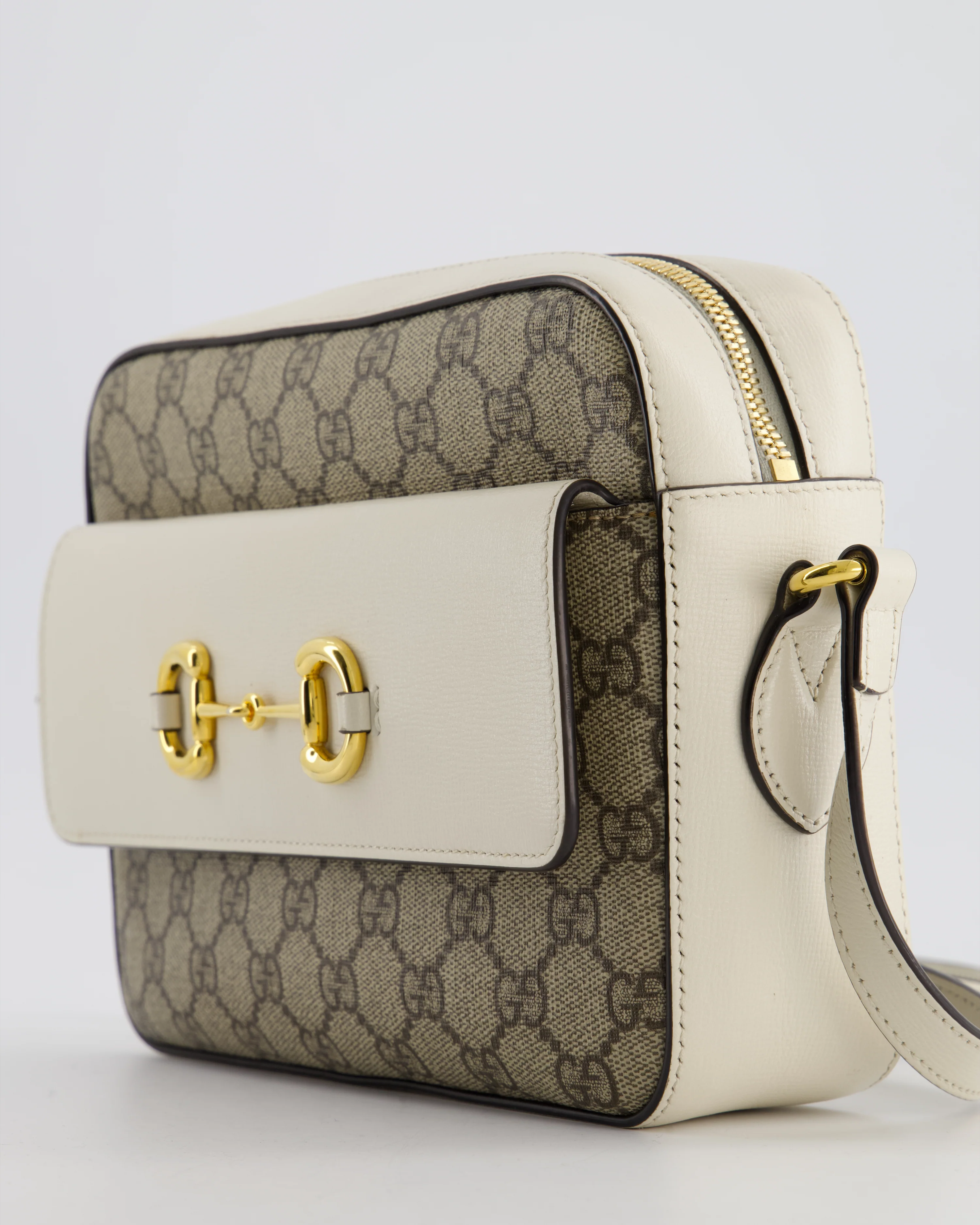 Gucci Cream and Monogram GG Supreme Horsebit Camera Small Crossbody Bag with Gold Hardware - Image 13