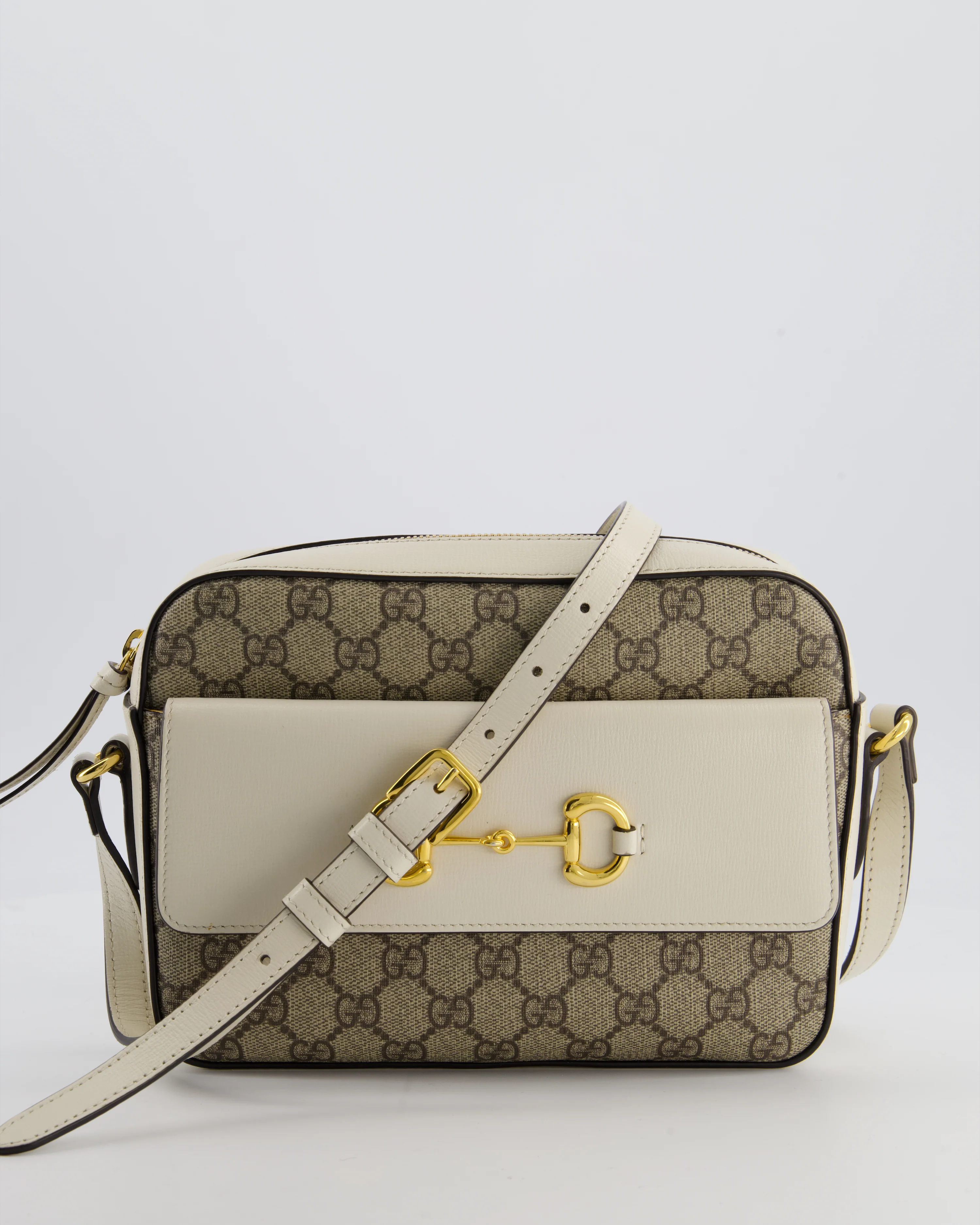 Gucci Cream and Monogram GG Supreme Horsebit Camera Small Crossbody Bag with Gold Hardware - Image 4