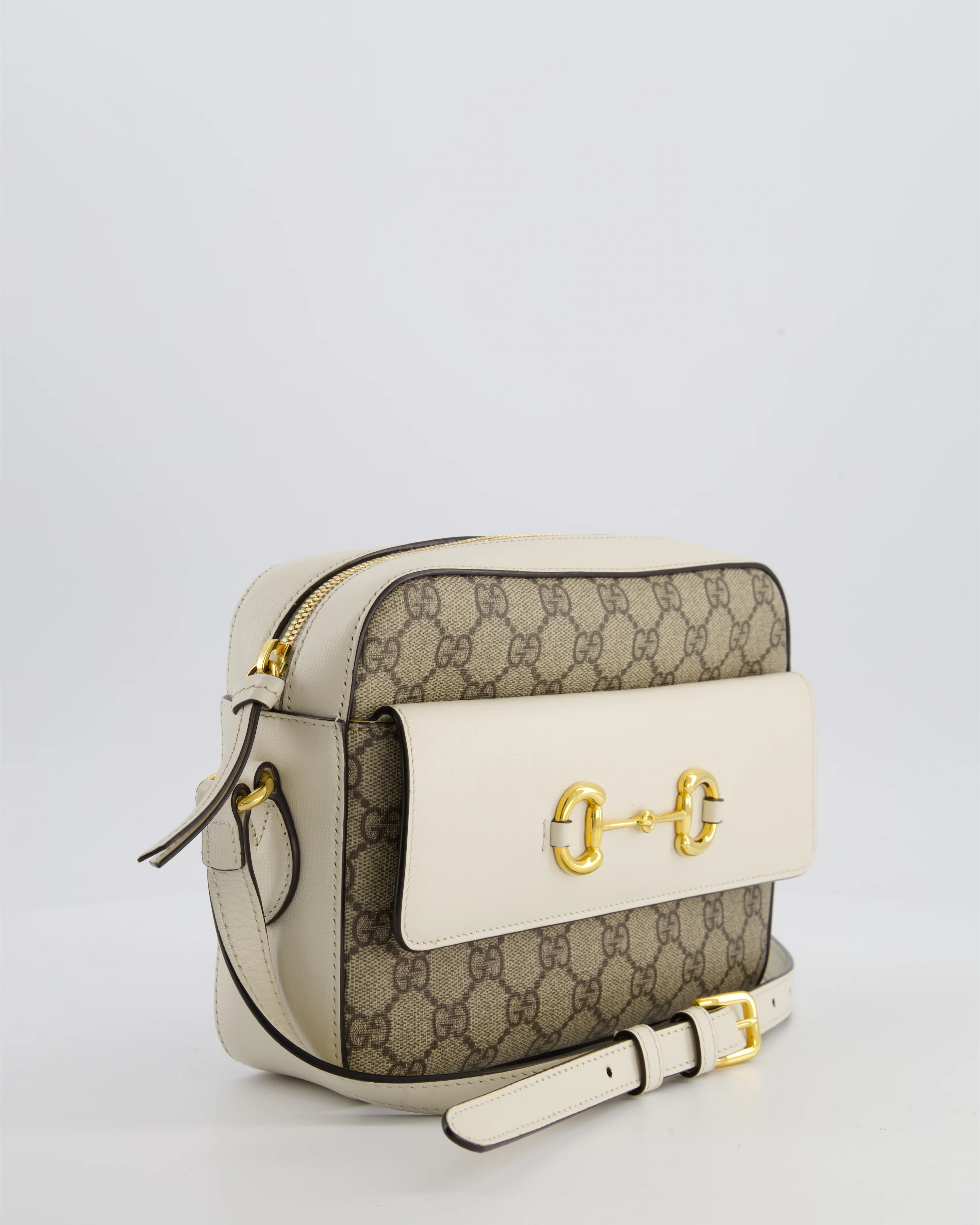 Gucci Cream and Monogram GG Supreme Horsebit Camera Small Crossbody Bag with Gold Hardware - Image 5