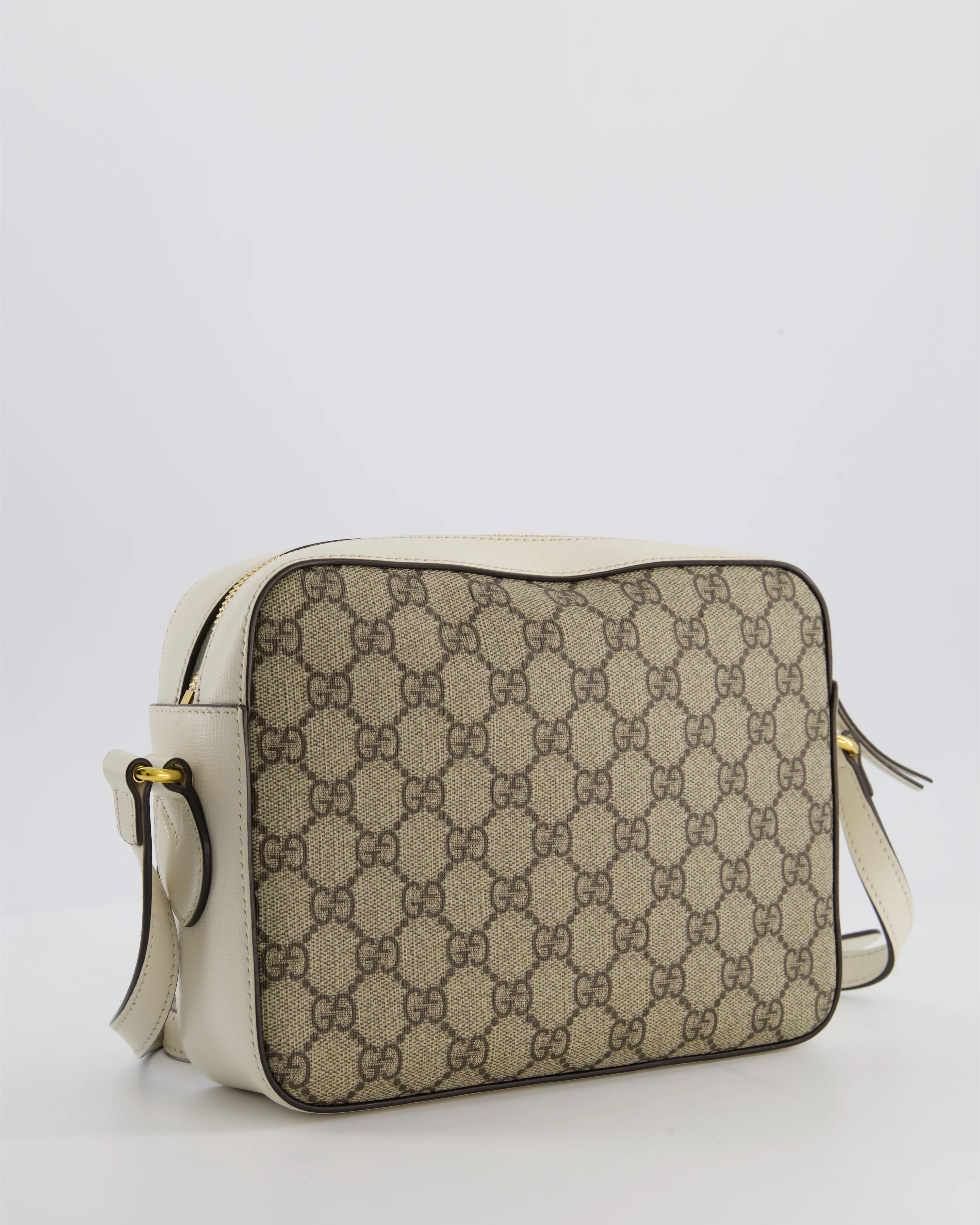Gucci Cream and Monogram GG Supreme Horsebit Camera Small Crossbody Bag with Gold Hardware - Image 9