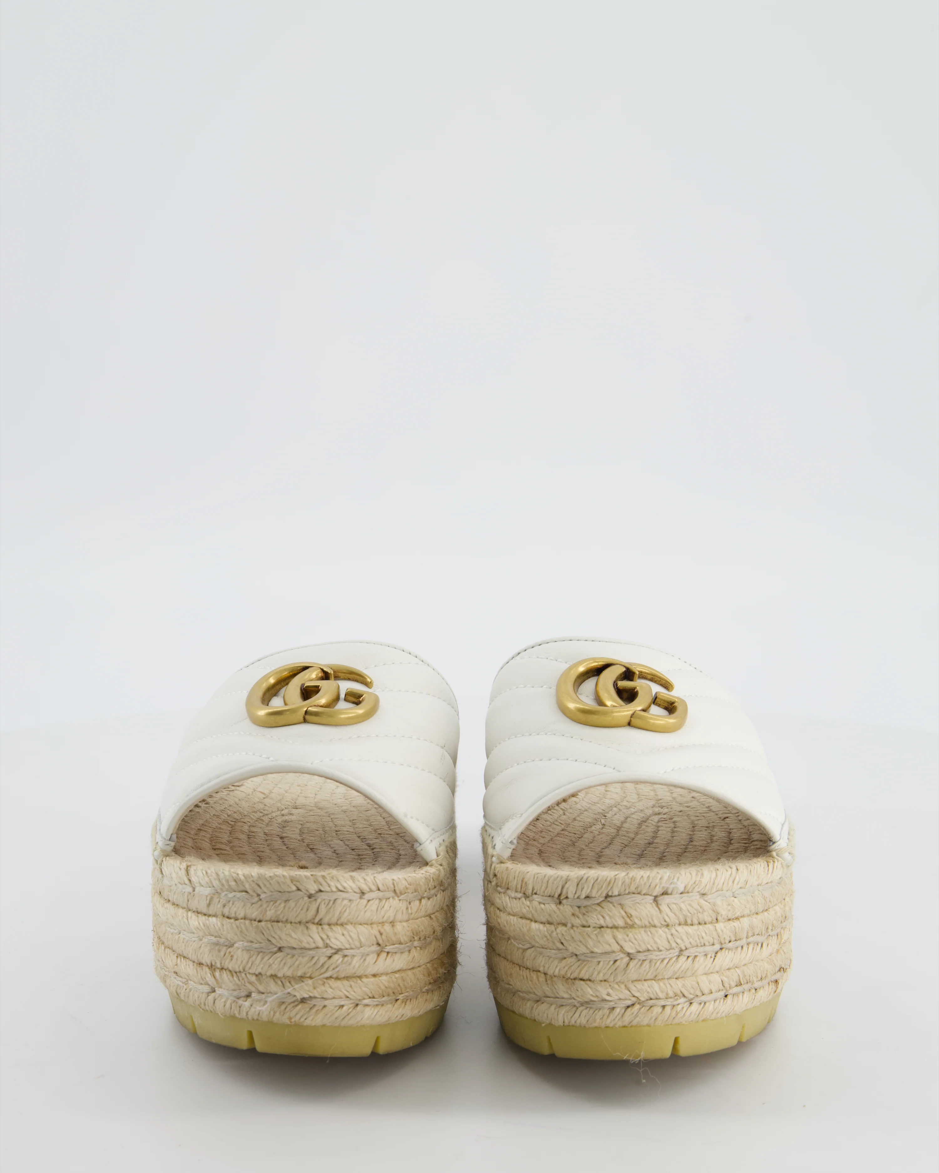 Gucci White Leather & Raffia Platform Marmont Sandals with GG Logo Size EU 36 - Image 4