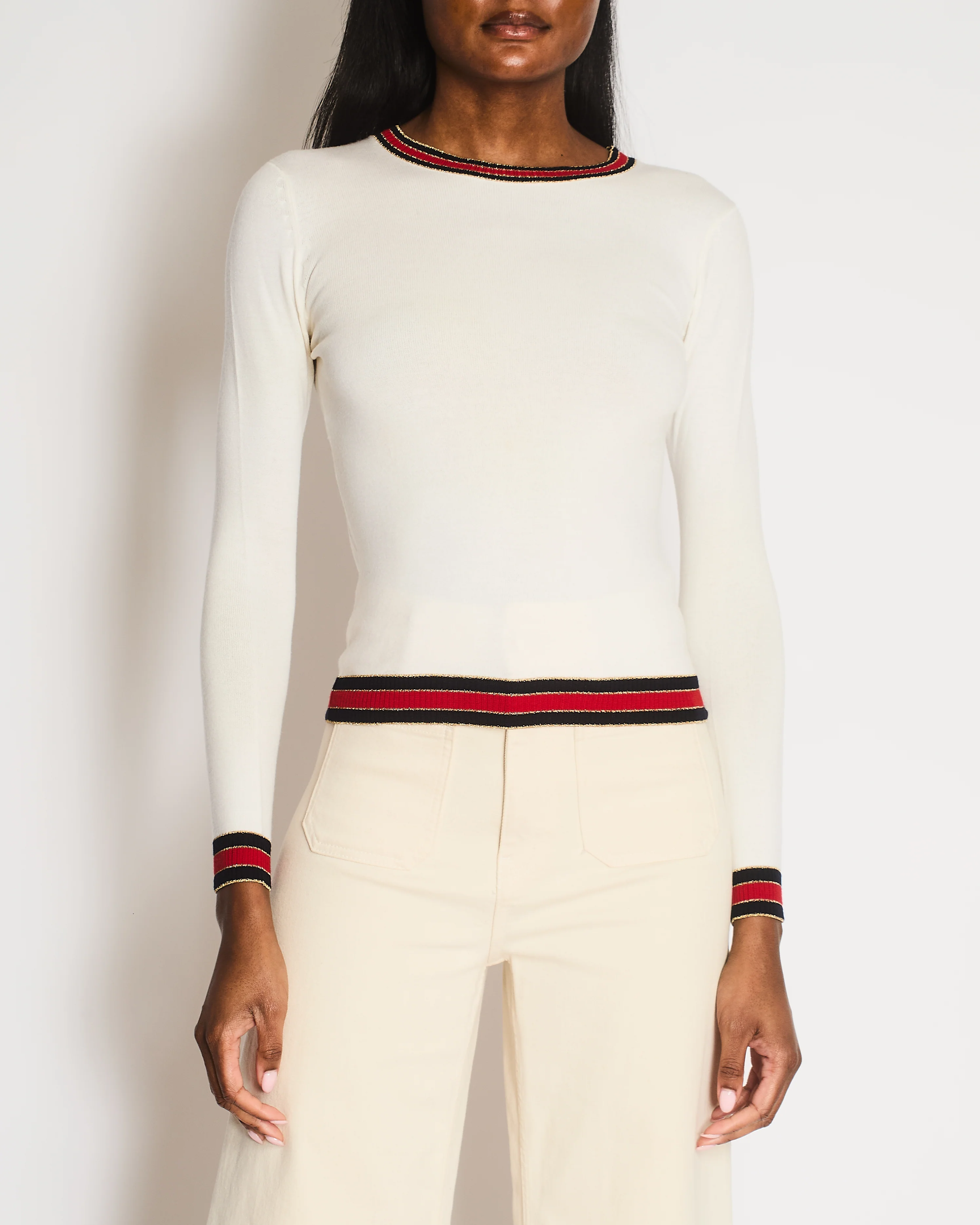 Gucci White Long Sleeve Knitted Jumper with Striped Trim Detail Size IT 38 (UK 6)