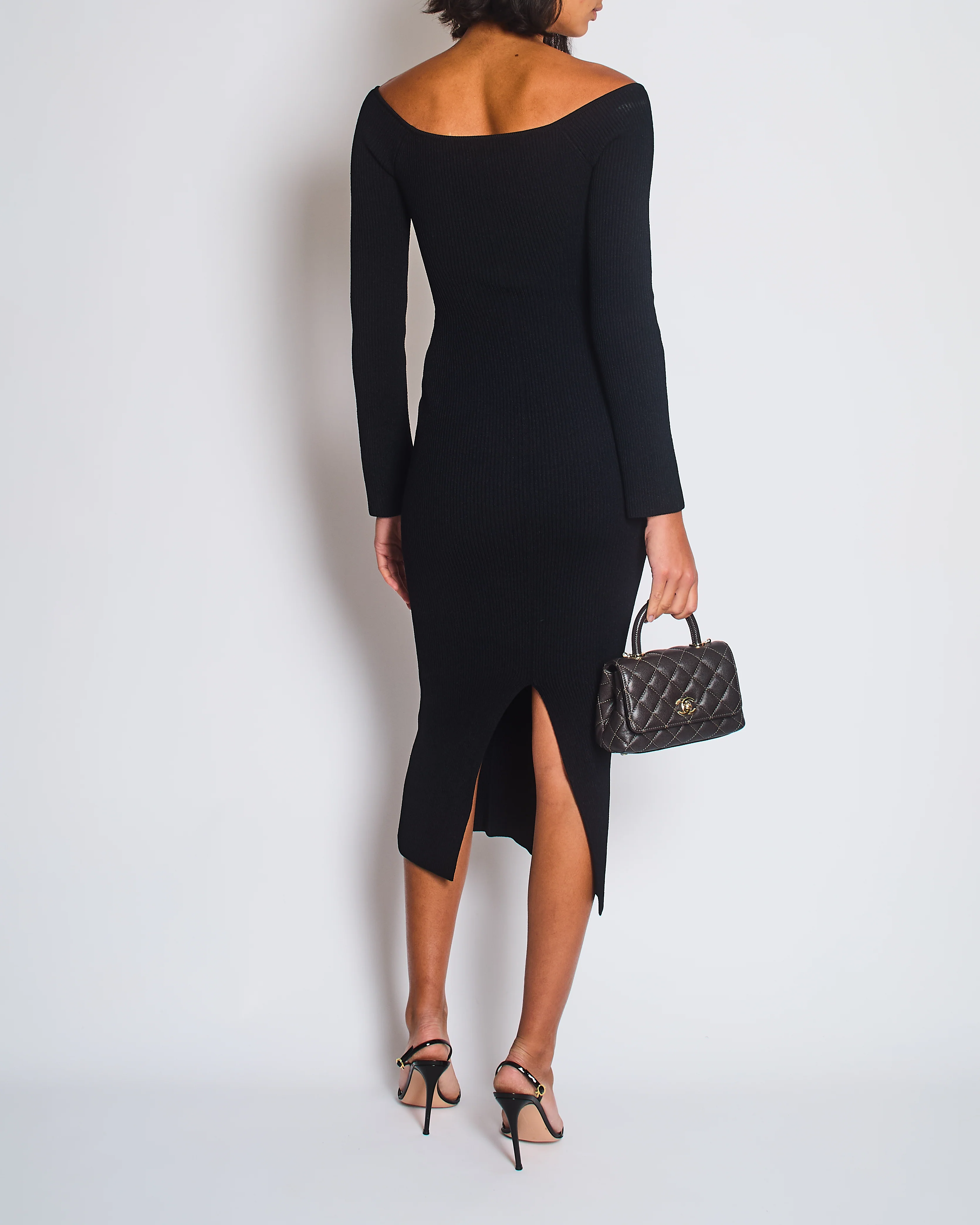 Khaite Black Ribbed Long Sleeve V-Neck Dress with Split Detail Size S (UK 6/8) - Image 4