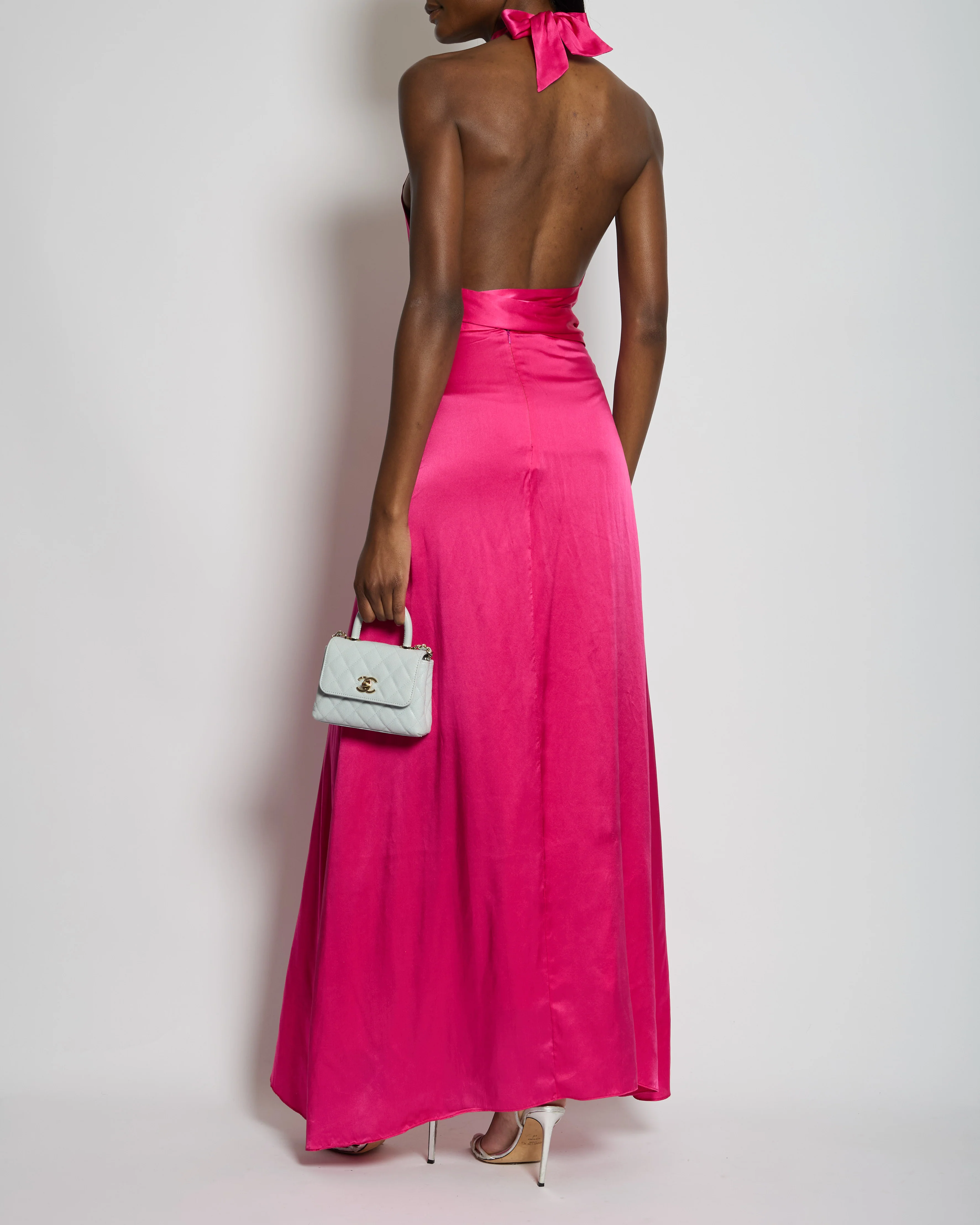 Harmur Silk Fuchsia Maxi Dress with Crystal Neck Detail Size S (UK 8) - Image 2