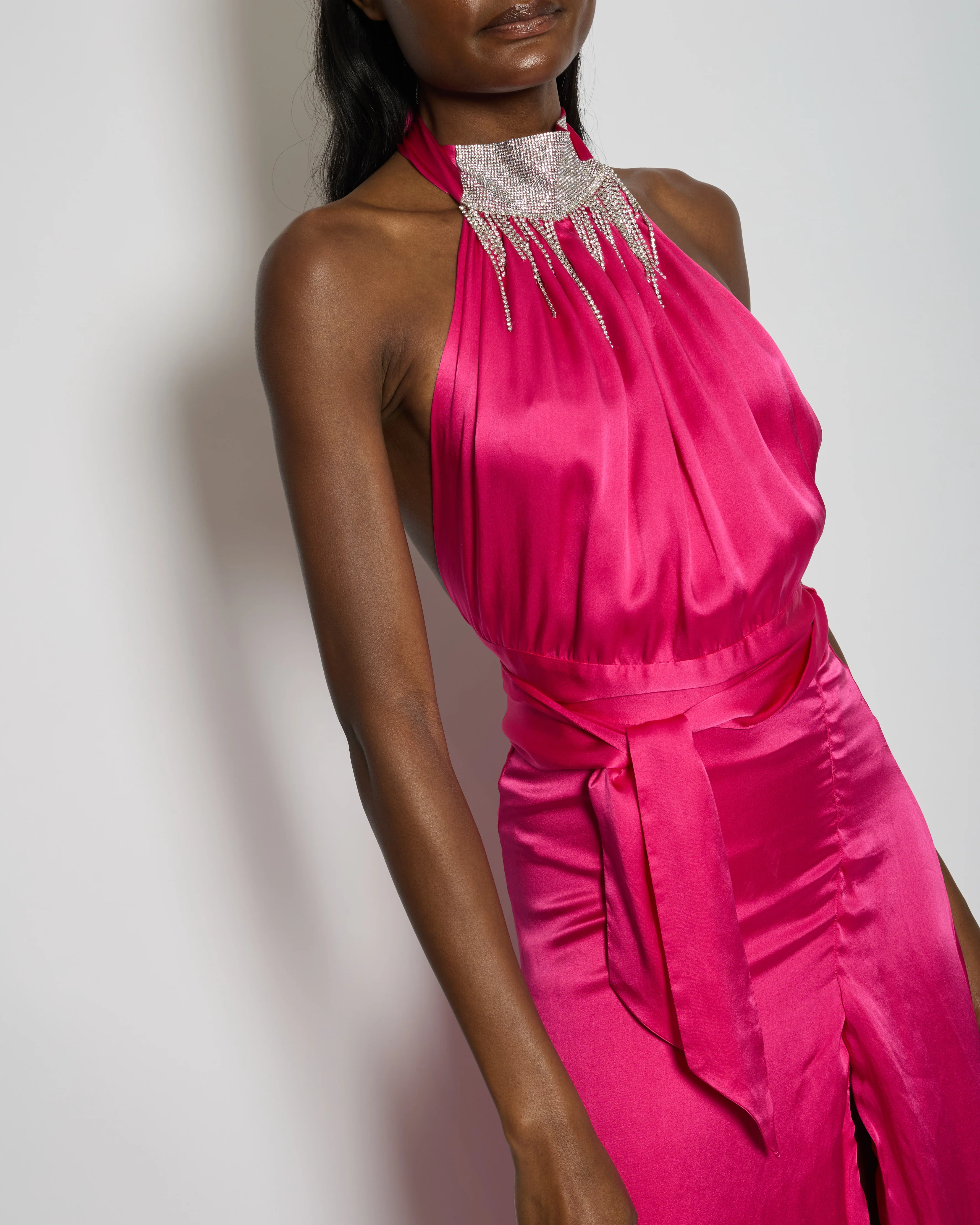 Harmur Silk Fuchsia Maxi Dress with Crystal Neck Detail Size S (UK 8) - Image 3