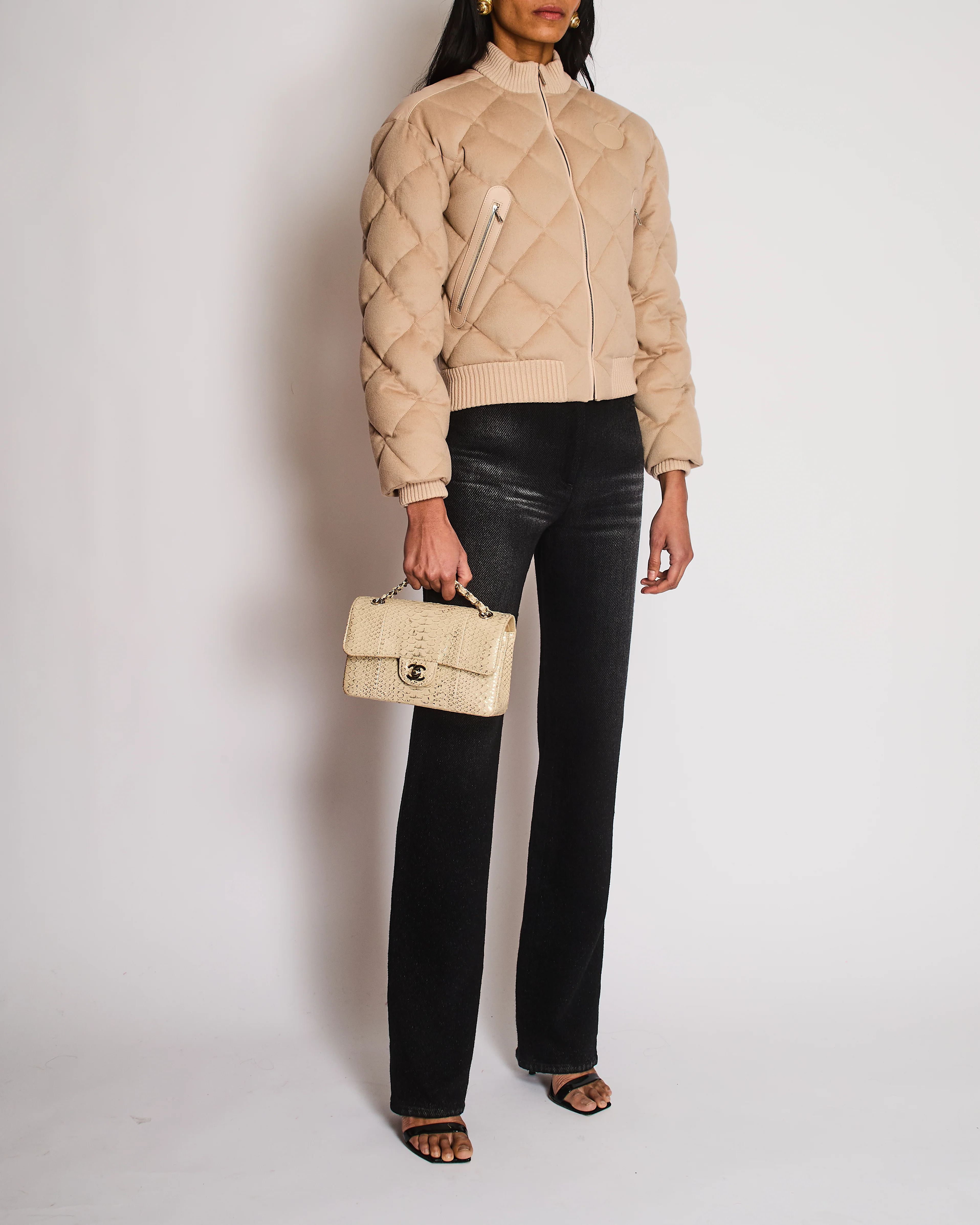 Hermès Beige Quilted Cropped Bomber Jacket with Leather Logo Detail Size FR 34 (UK 6)