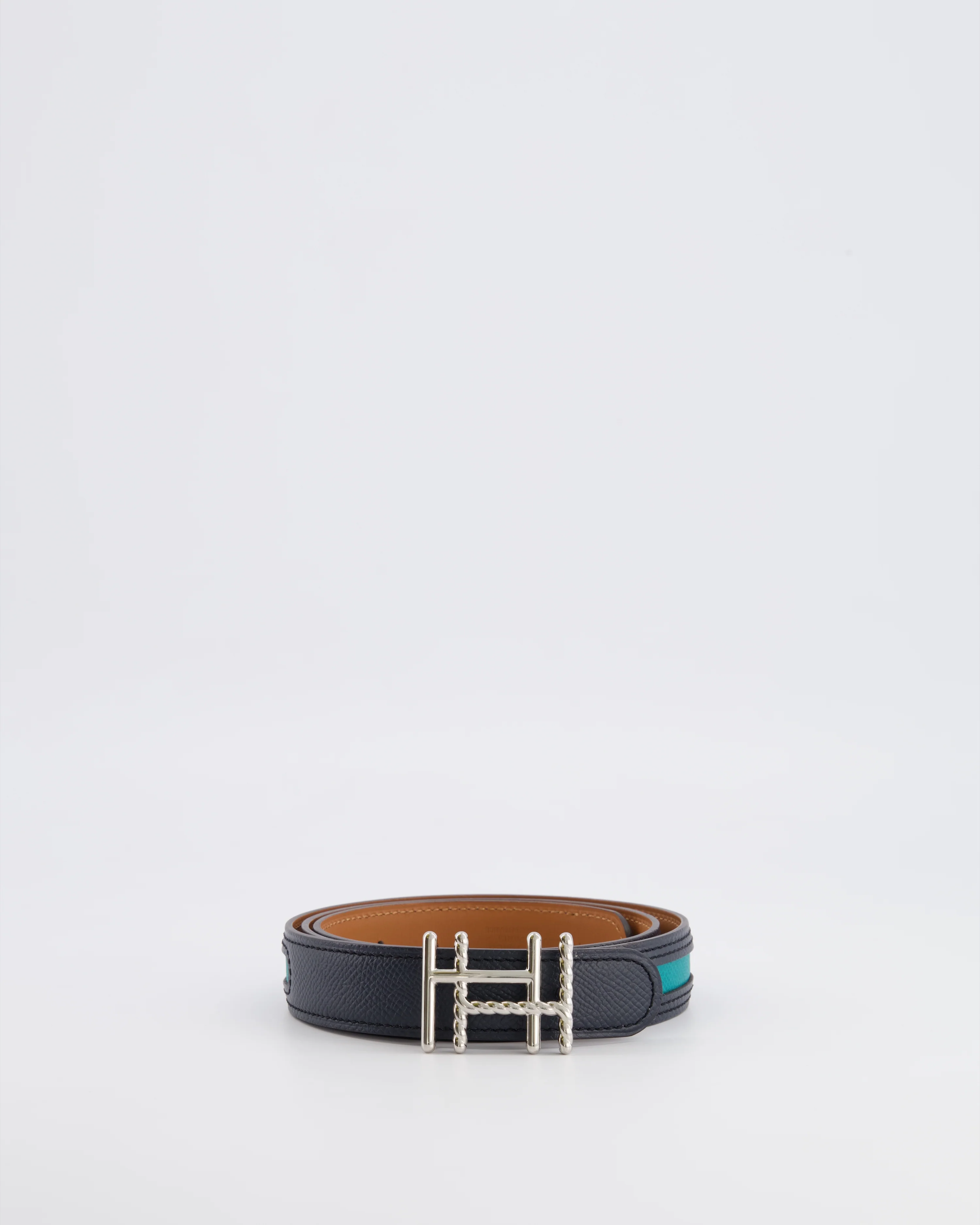 Hermès Au Carré Reversible Belt in Green and Navy with Gold Interior and Palladium H Buckle 80cm