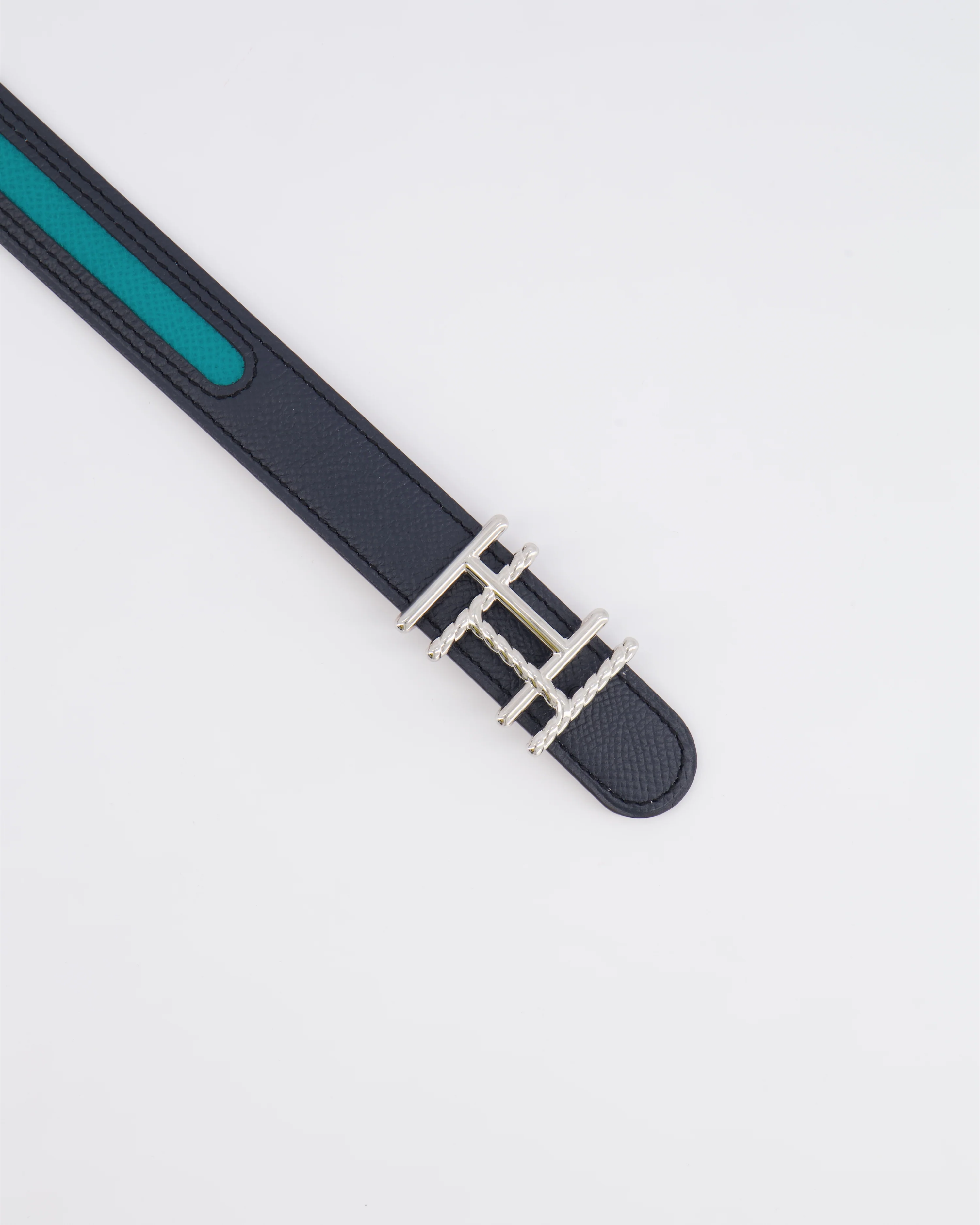 Hermès Au Carré Reversible Belt in Green and Navy with Gold Interior and Palladium H Buckle 80cm - Image 6