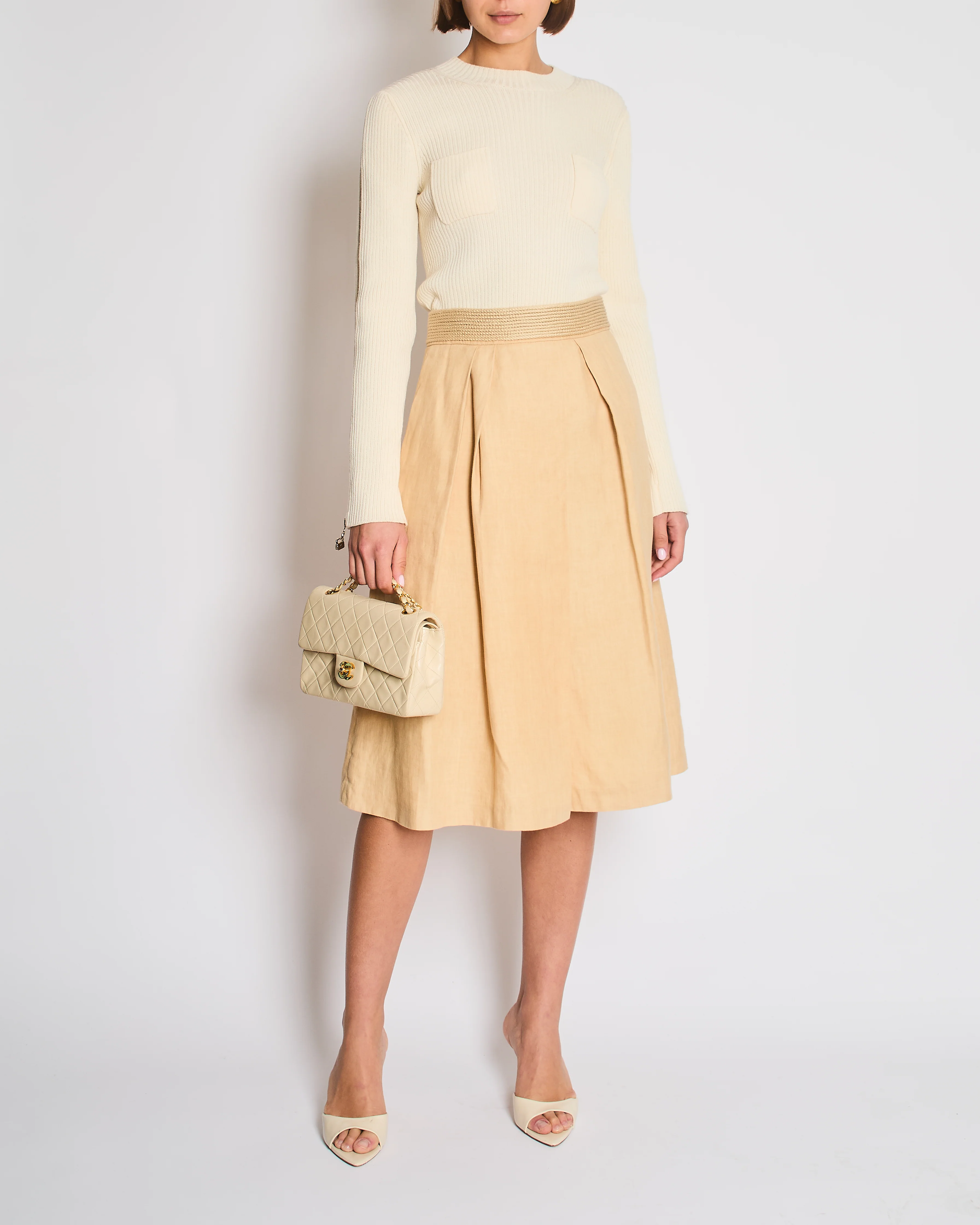 Hermès Beige Linen Midi Skirt with Braided Waist Detail Size FR 38 (UK 10) - Image 2
