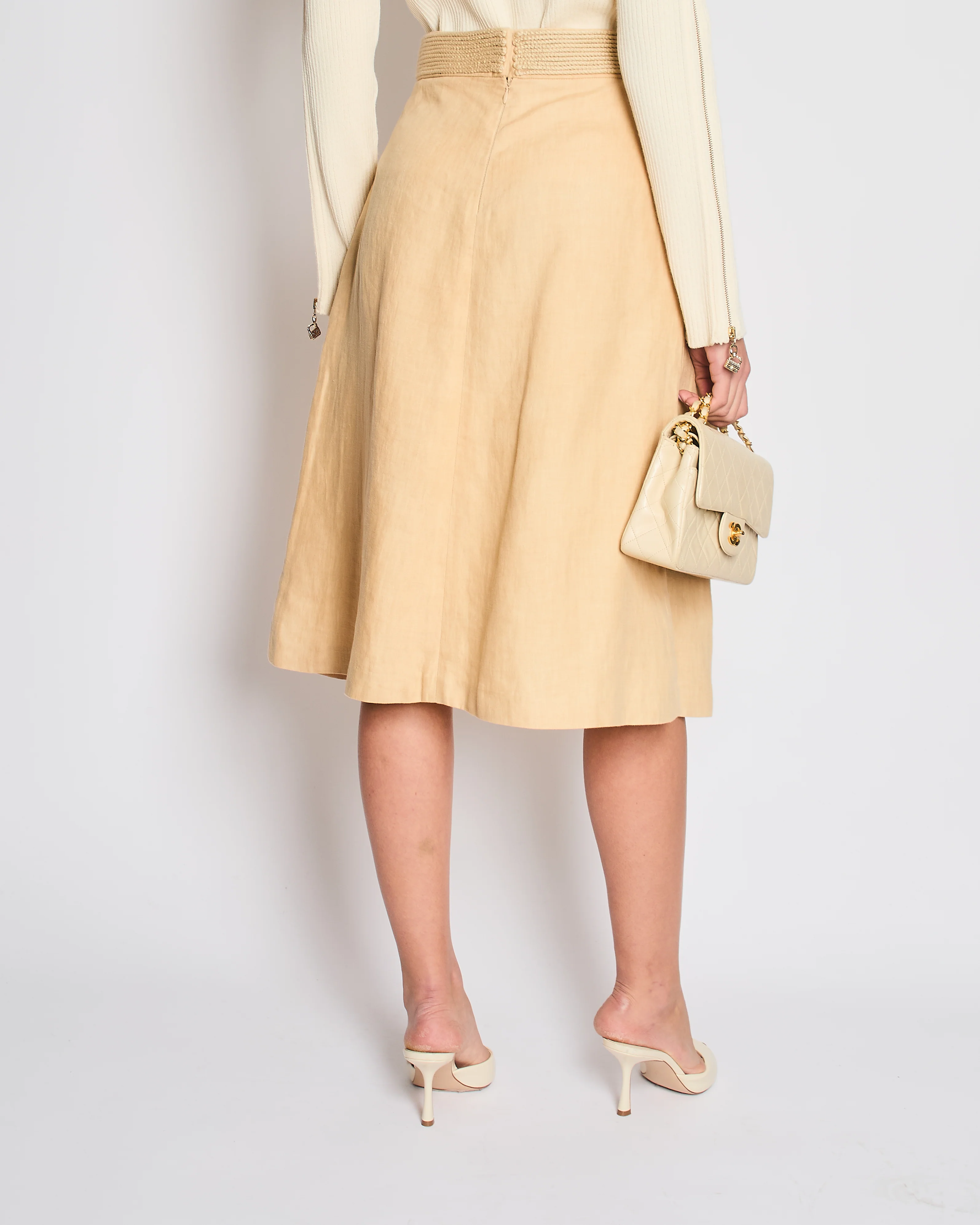 Hermès Beige Linen Midi Skirt with Braided Waist Detail Size FR 38 (UK 10) - Image 4