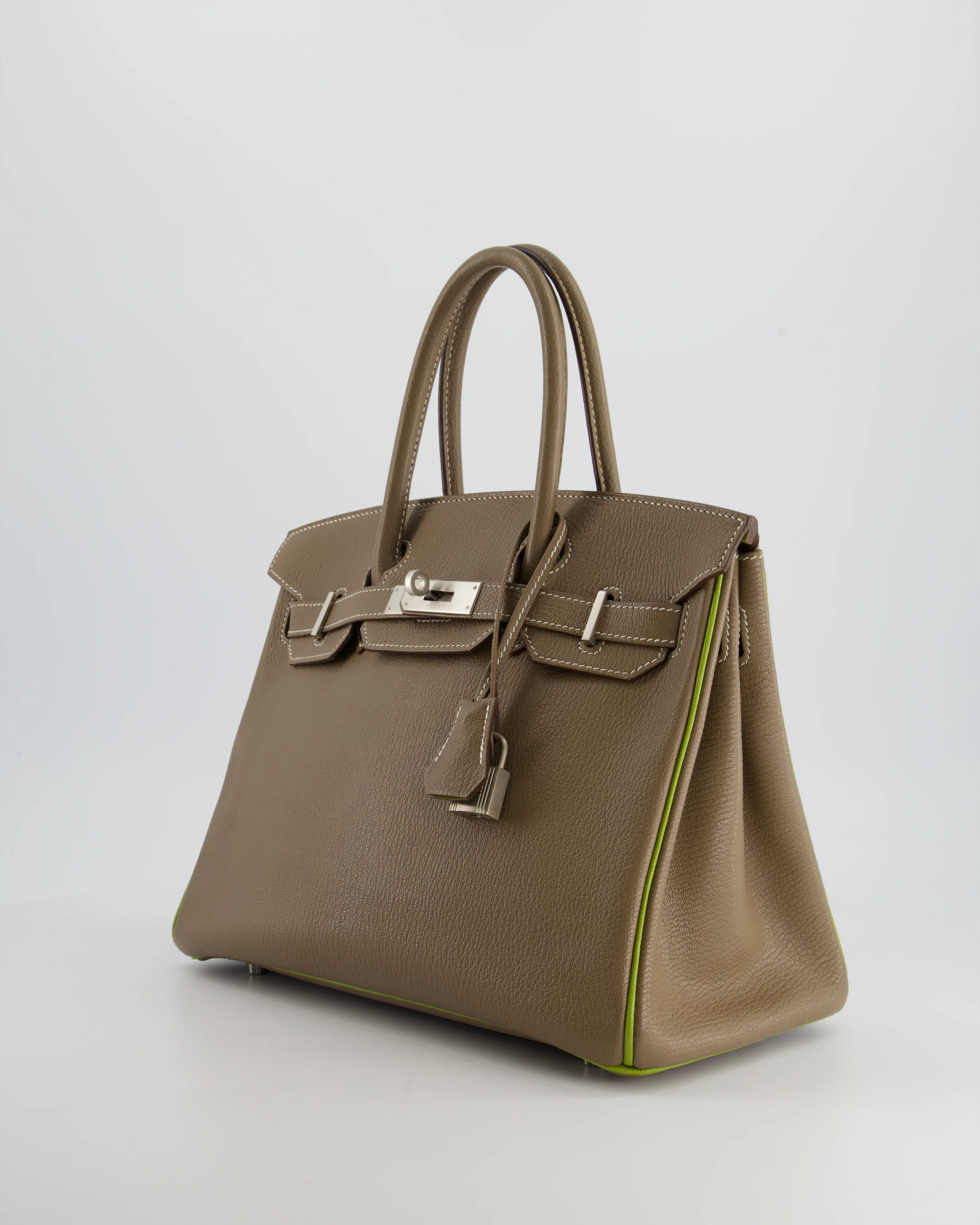 Hermès HSS Birkin 30 Retourne Bag in Etoupe & Vert Anis Chèvre Mysore with Brushed Palladium Hardware - Image 11