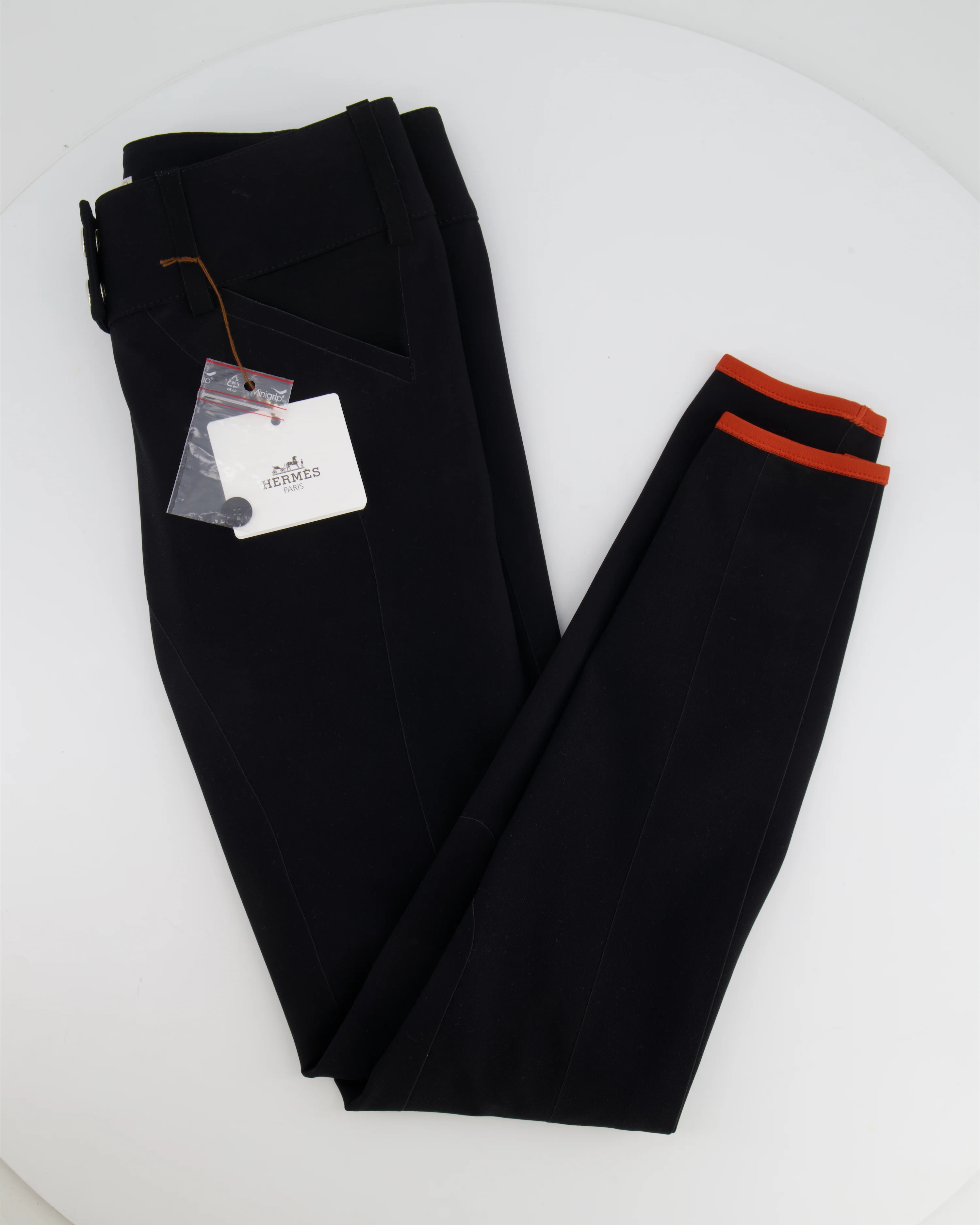Hermès Black Riding Trousers with Orange Detail and Silver Logo Buttons Size FR 34 (UK 6) RRP £900 - Image 3