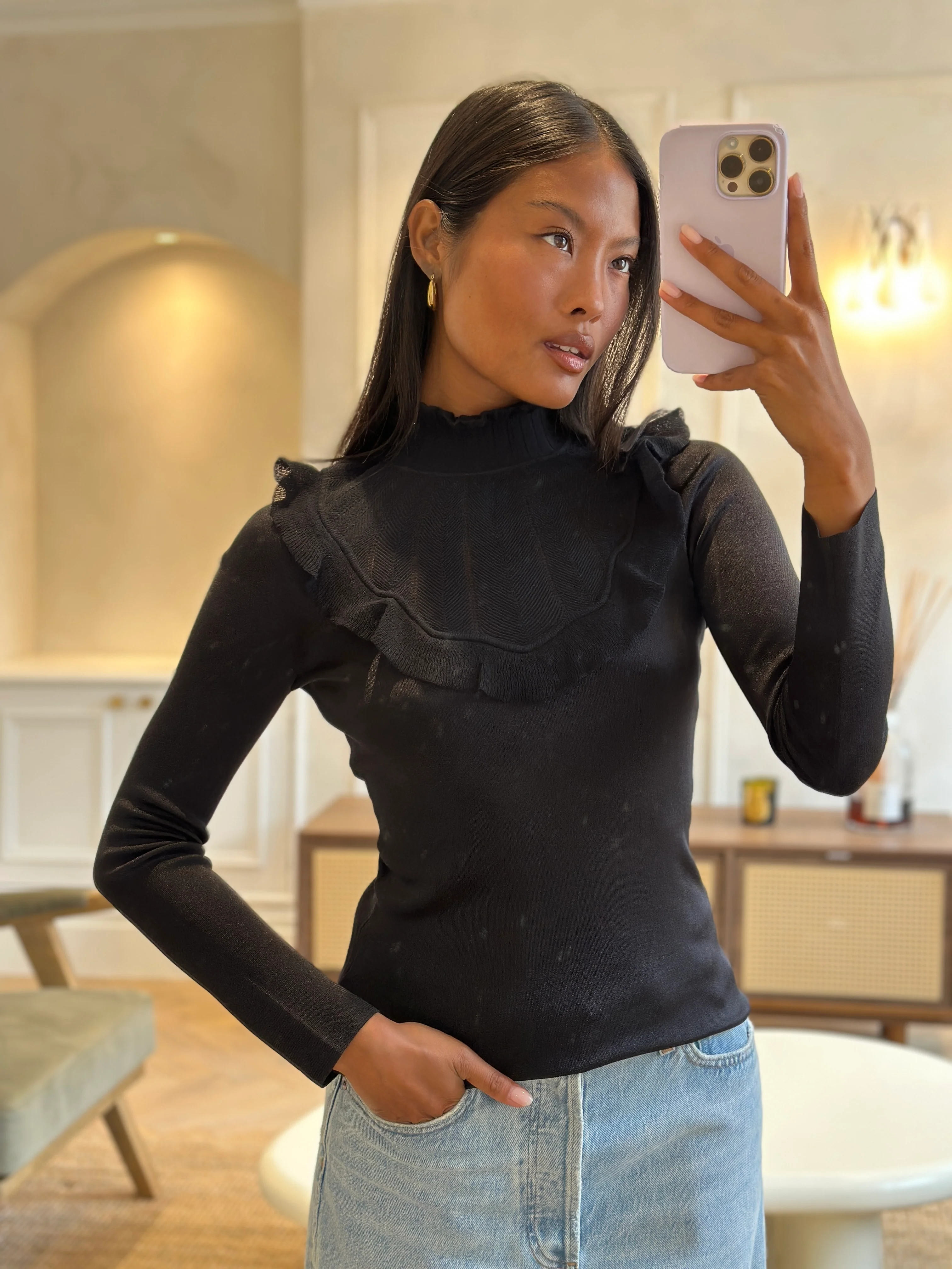 Hermès Black Ruffle Long Sleeve Top with Collar Detail Size FR 34 (UK 6) - Image 6