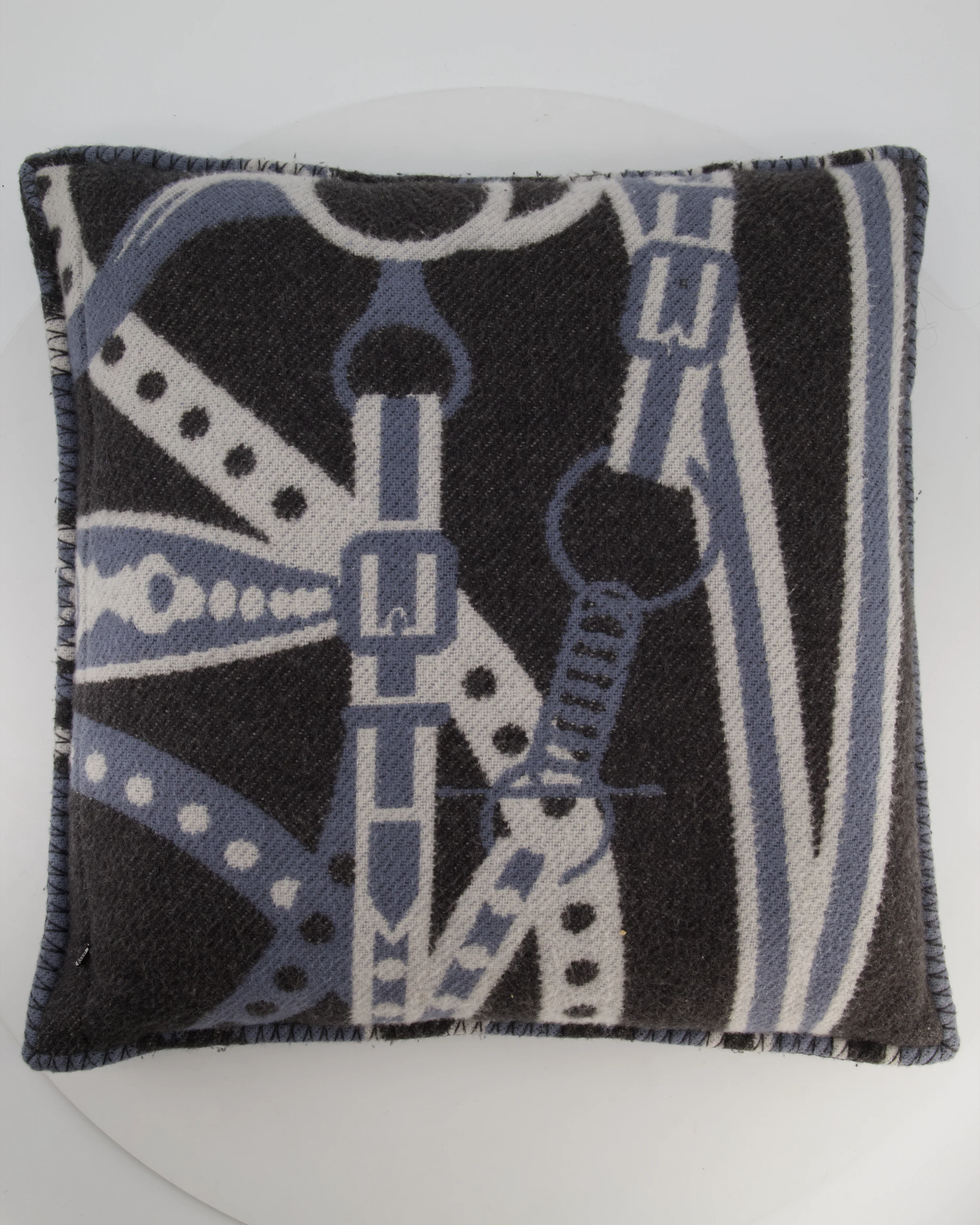 Hermès Blue, Noir and Ecru Ardoise Grand Tralala Pillow Size 50 cm