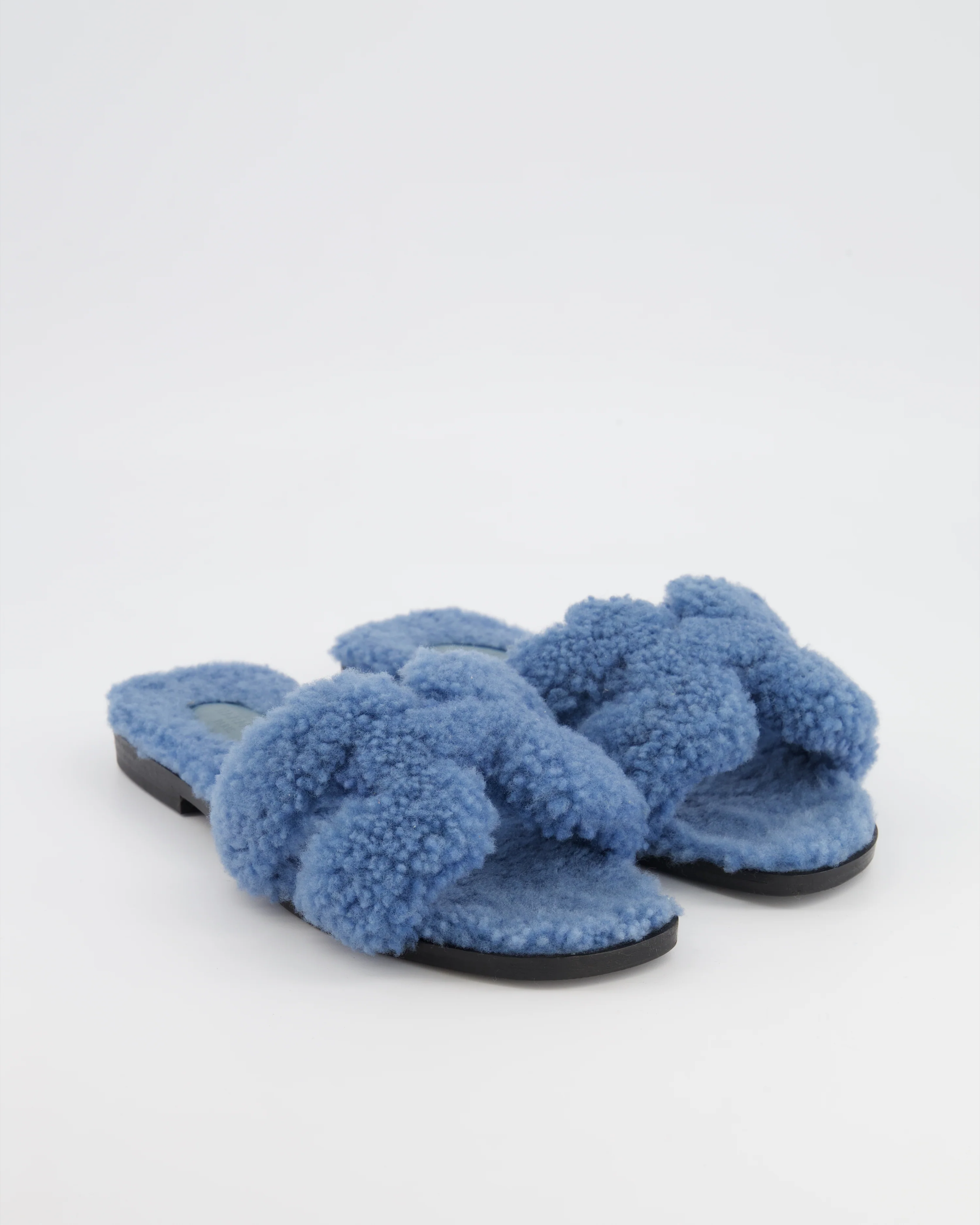 Hermes Blue Shearling Teddy Oran Sandals Size EU 37 - Image 2