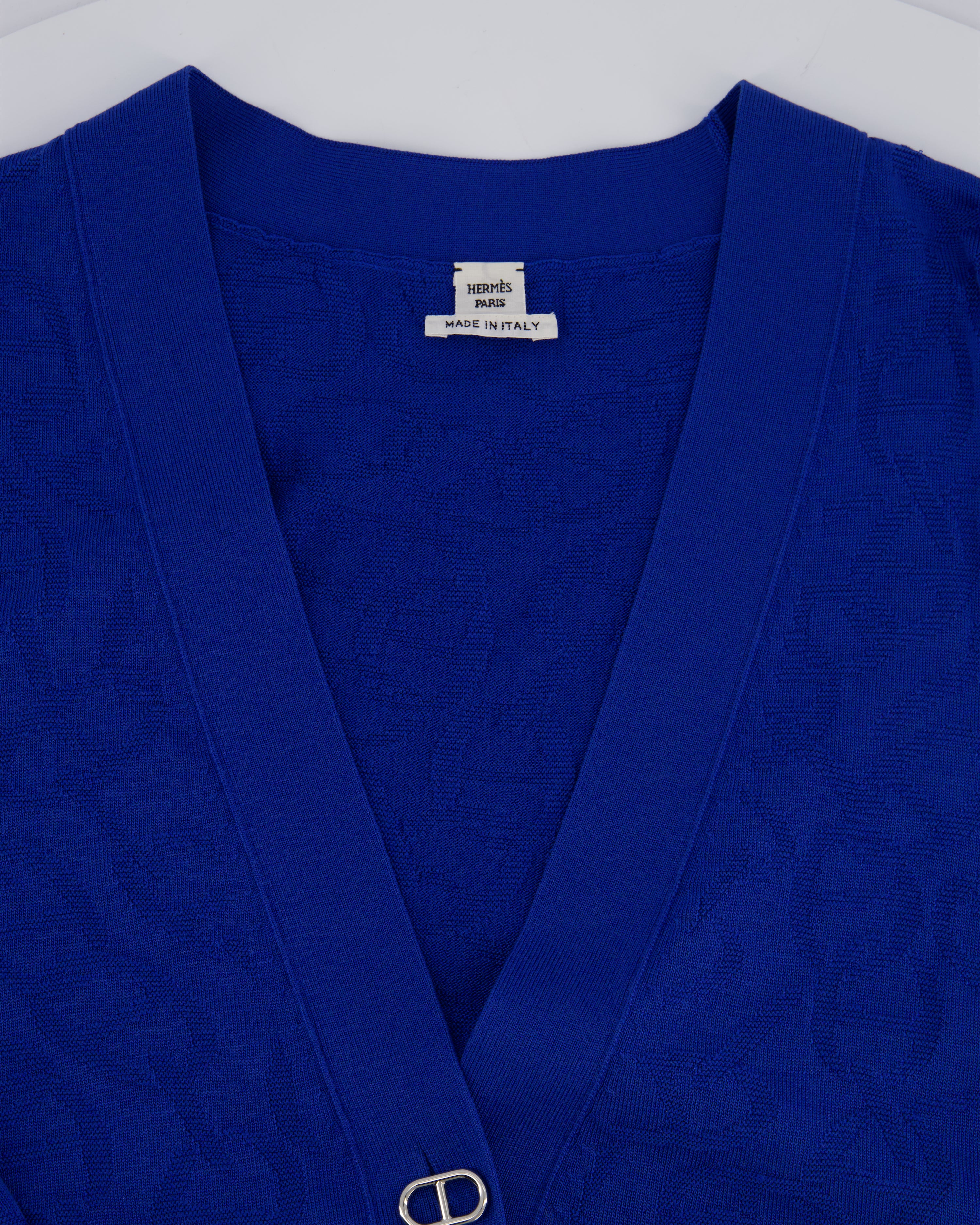 Hermès Electric Blue Silk & Cotton Long Cardigan with Chaine D'Ancre Buttons Size FR 36 (UK 8) - Image 7