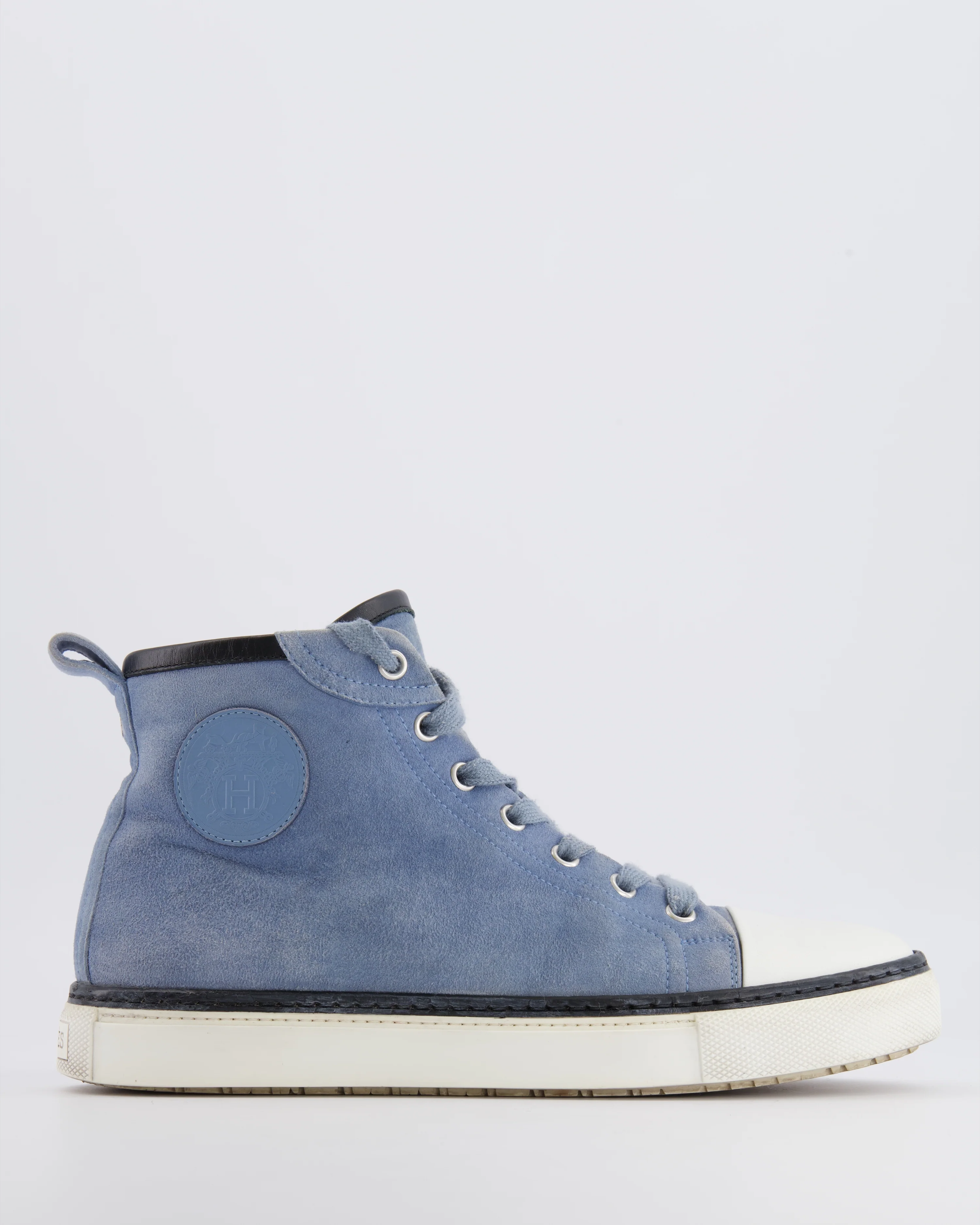 Hermès Blue Suede Jimmy High-Top Trainers with Leather Logo Detail and White Soles Size EU 38