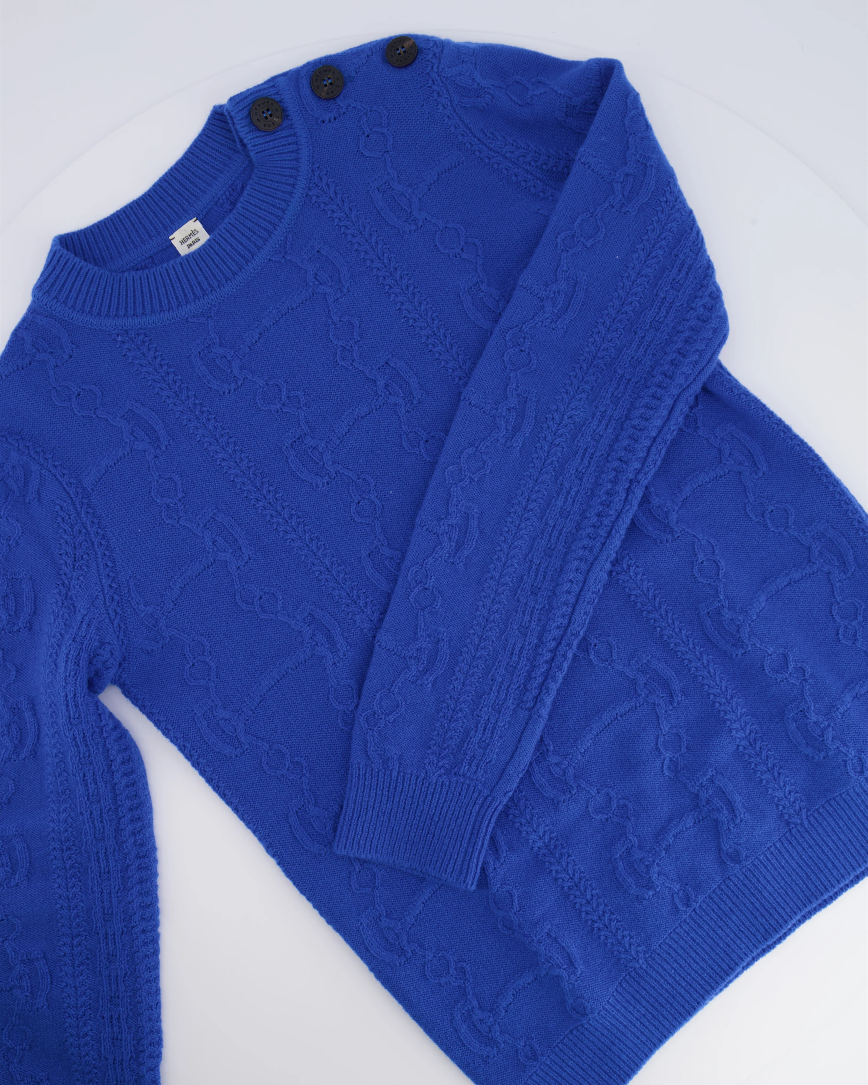 Hermès Blue Wool Knitted Jumper with Brown Logo Buttons Size FR 36 (UK 8) - Image 7