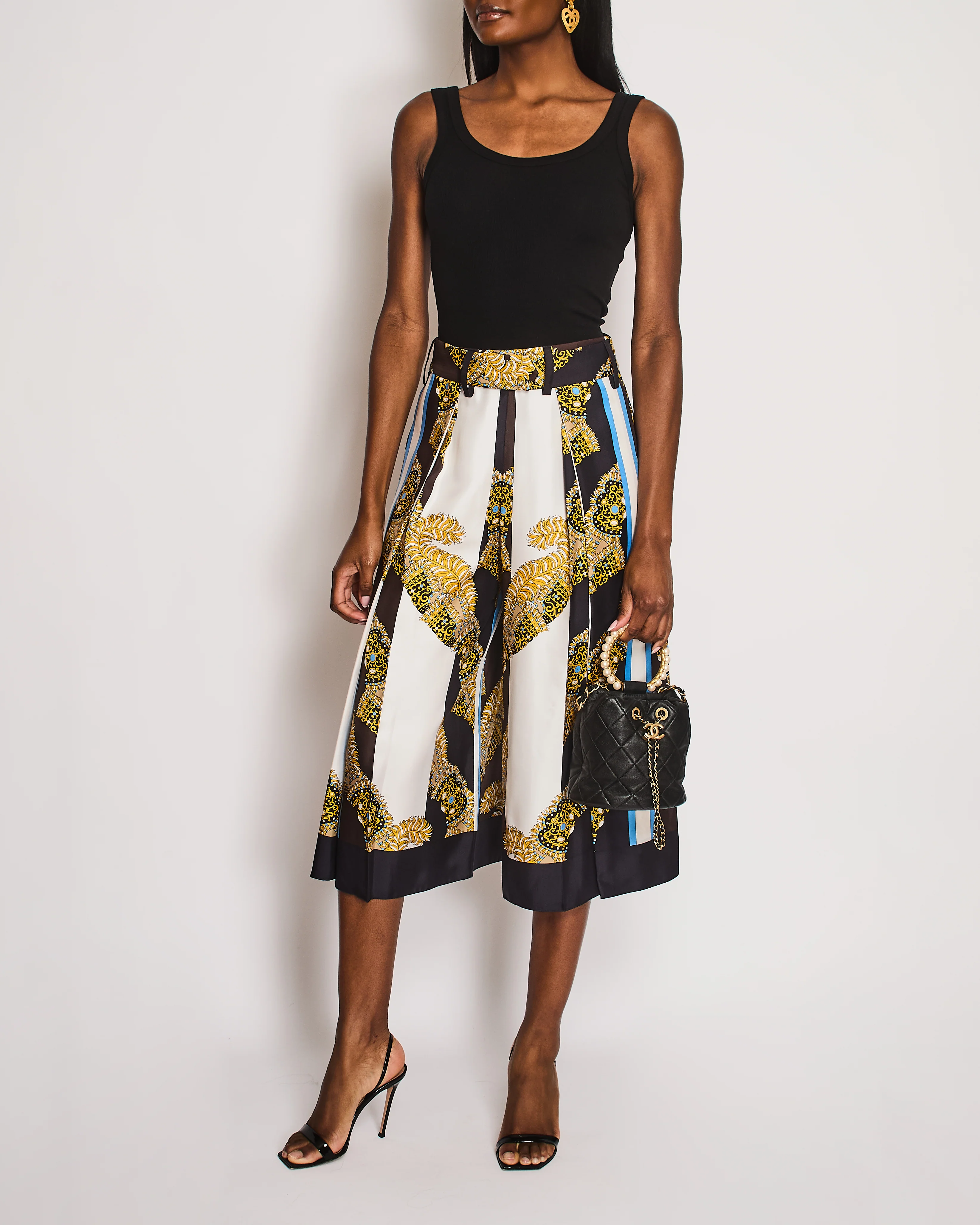 Hermes Brown, Blue, White, and Yellow Baroque Print Striped Belted Wide Leg Culottes Size FR 36 (UK 8)