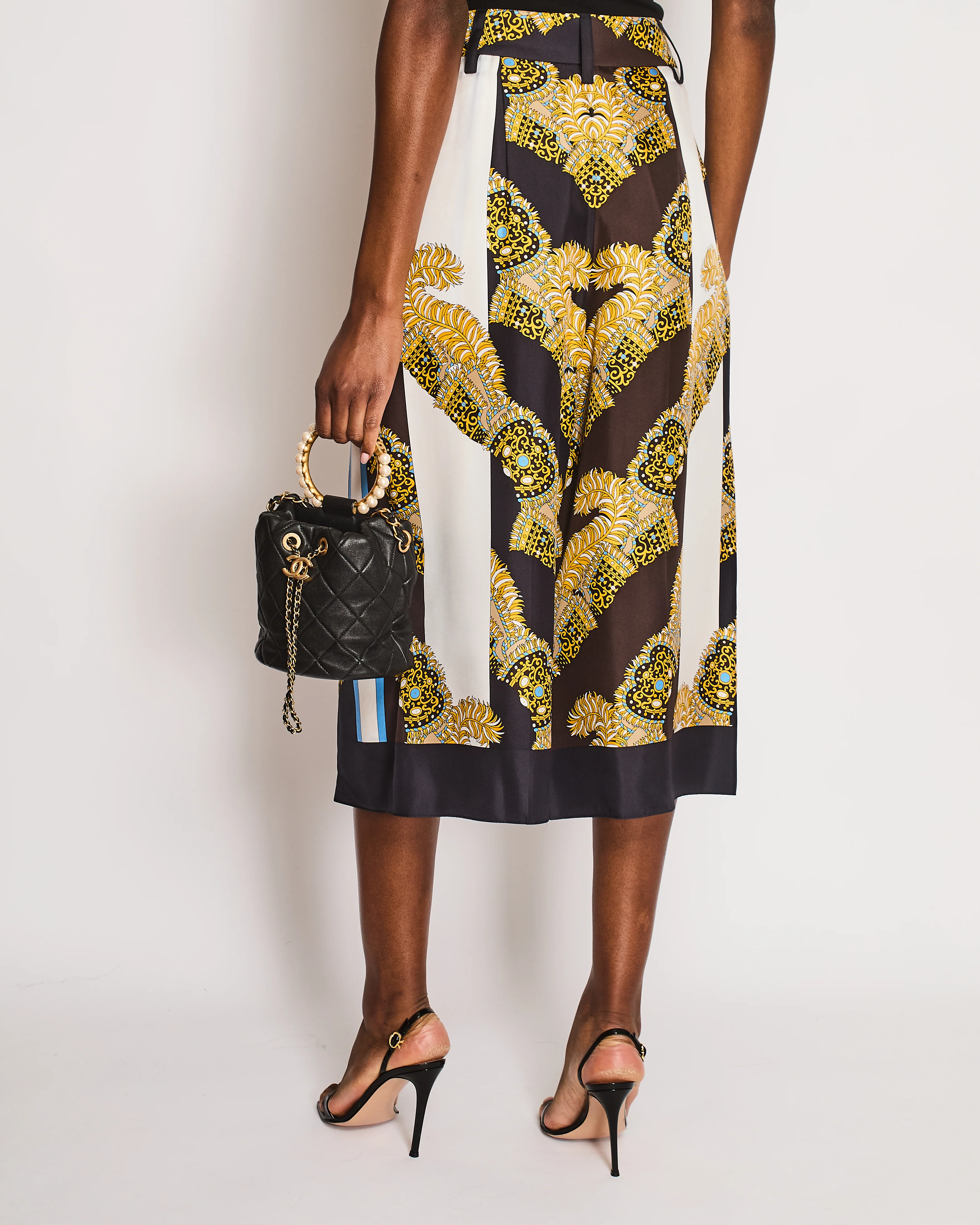 Hermes Brown, Blue, White, and Yellow Baroque Print Striped Belted Wide Leg Culottes Size FR 36 (UK 8) - Image 4